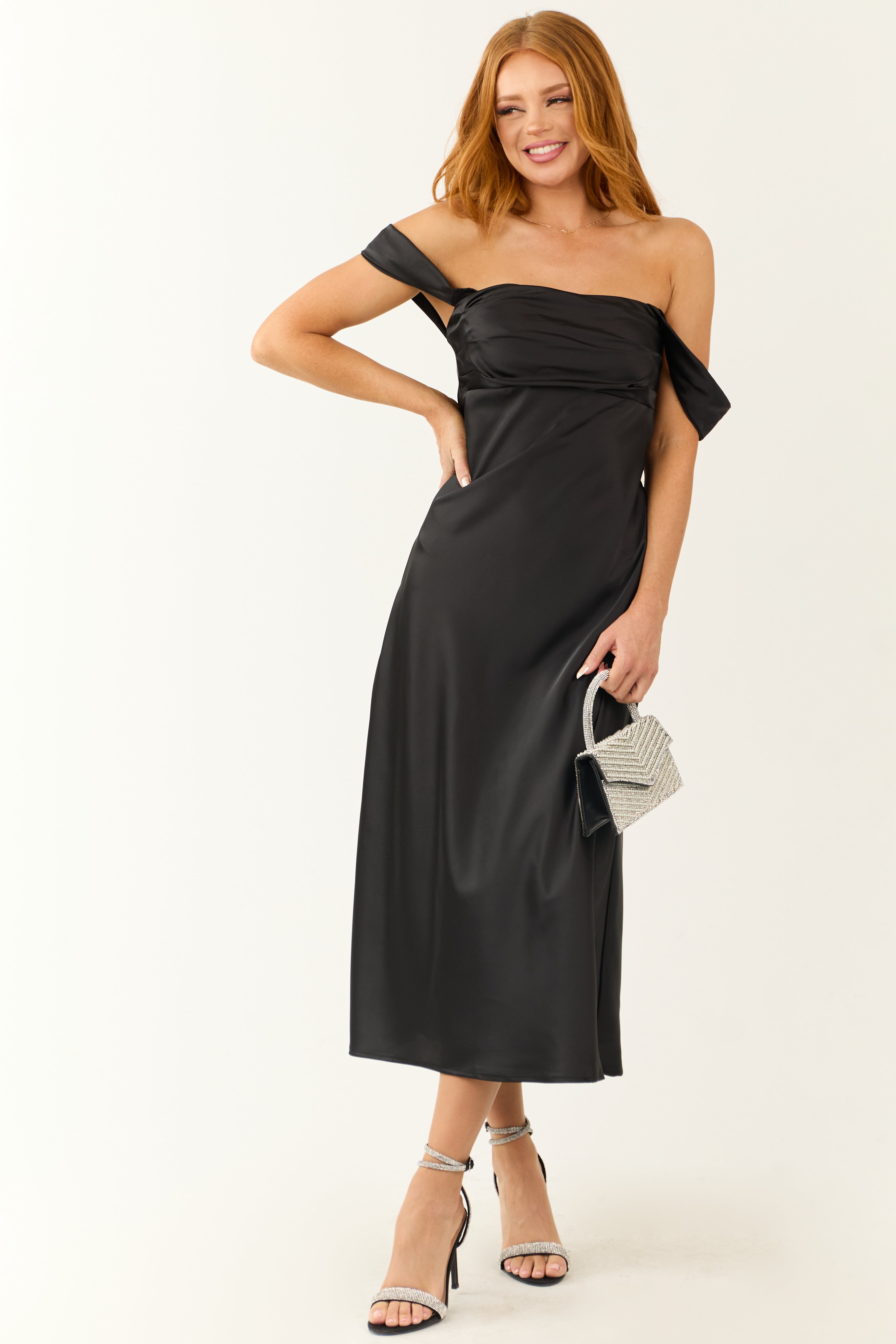 Black Satin Ruched Off-Shoulder Midi Dress