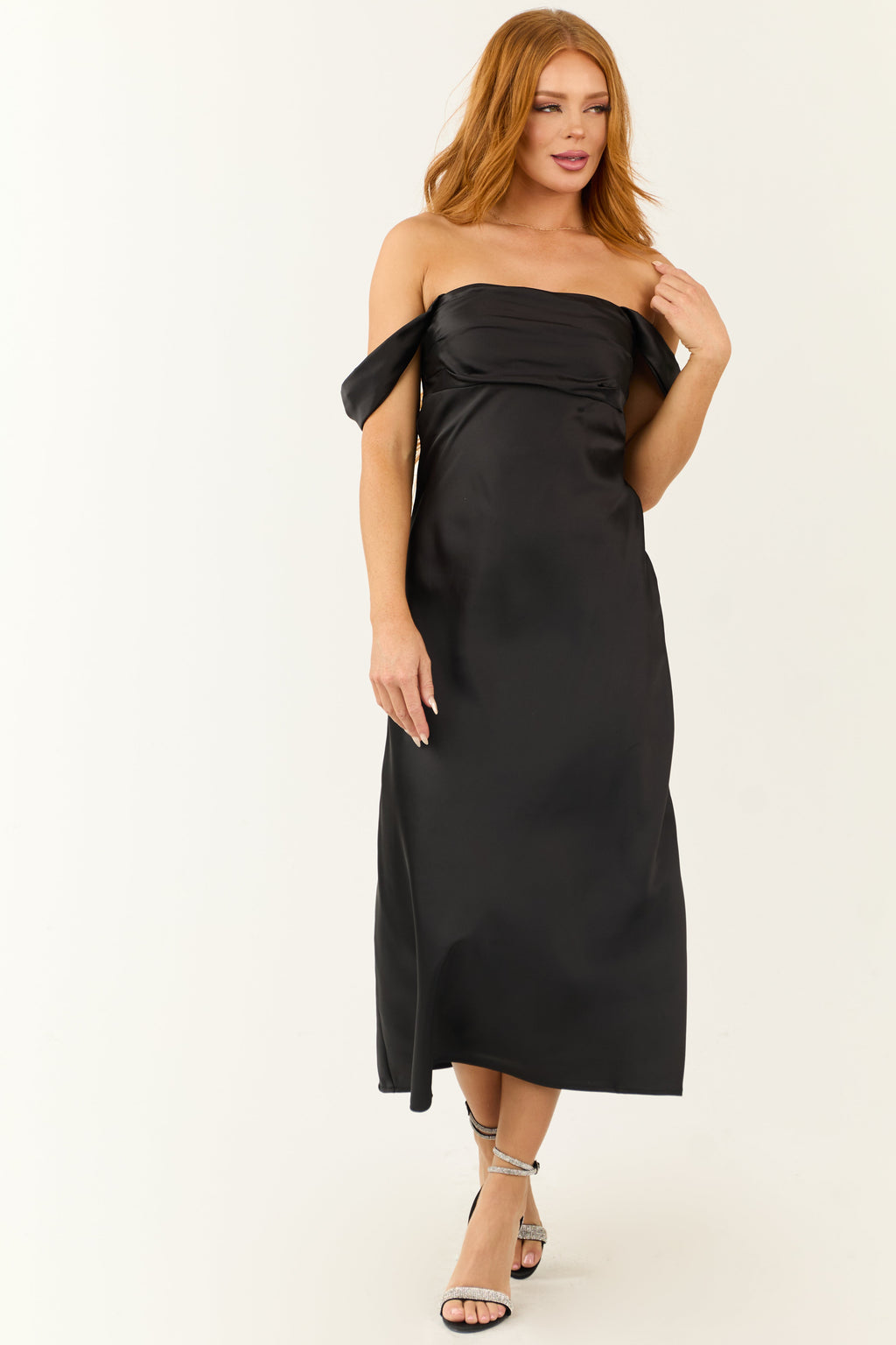 Black Satin Ruched Off-Shoulder Midi Dress