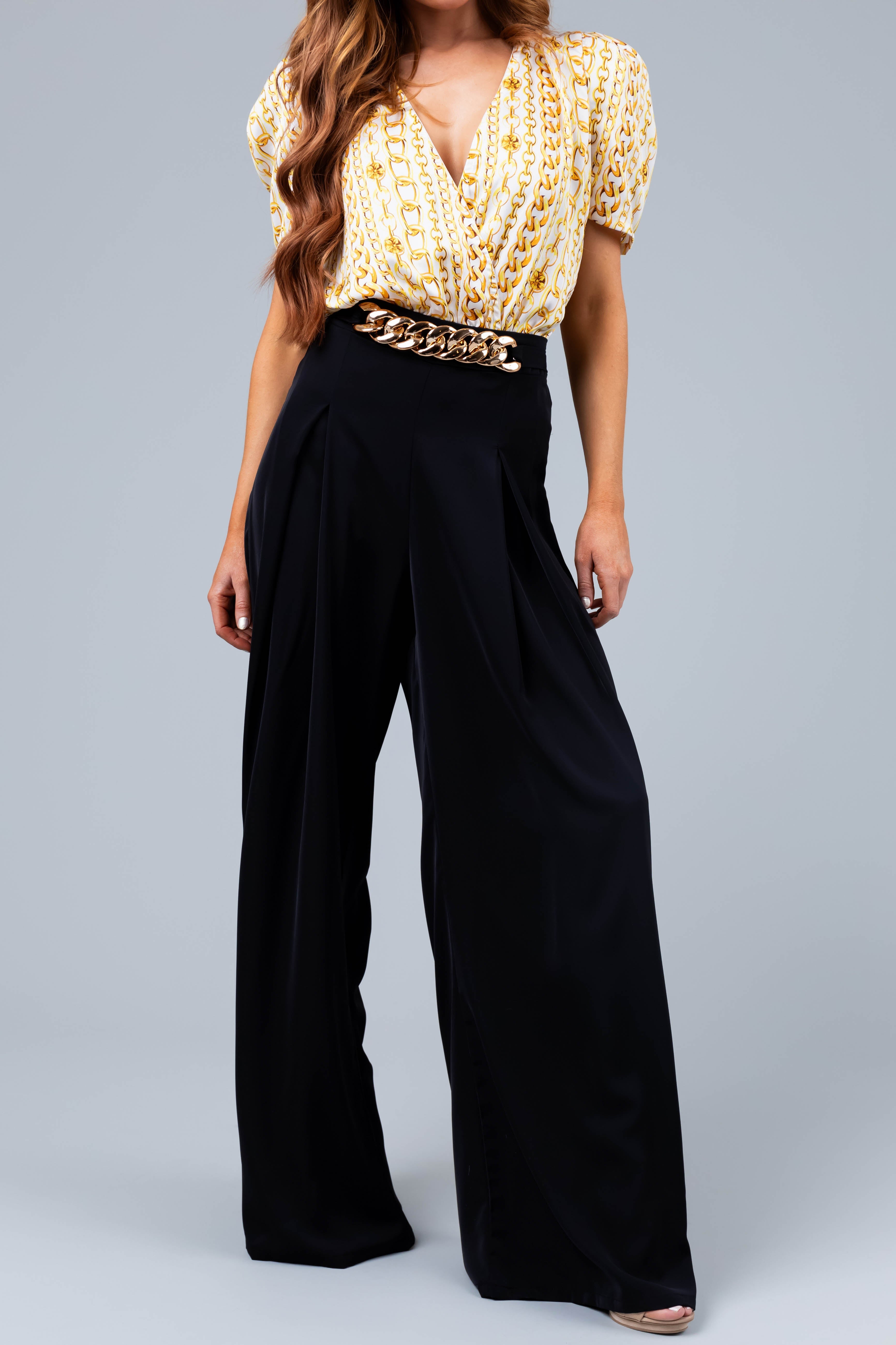 Black Flowy Wide Leg Pants with Gold Chain Waist Detail