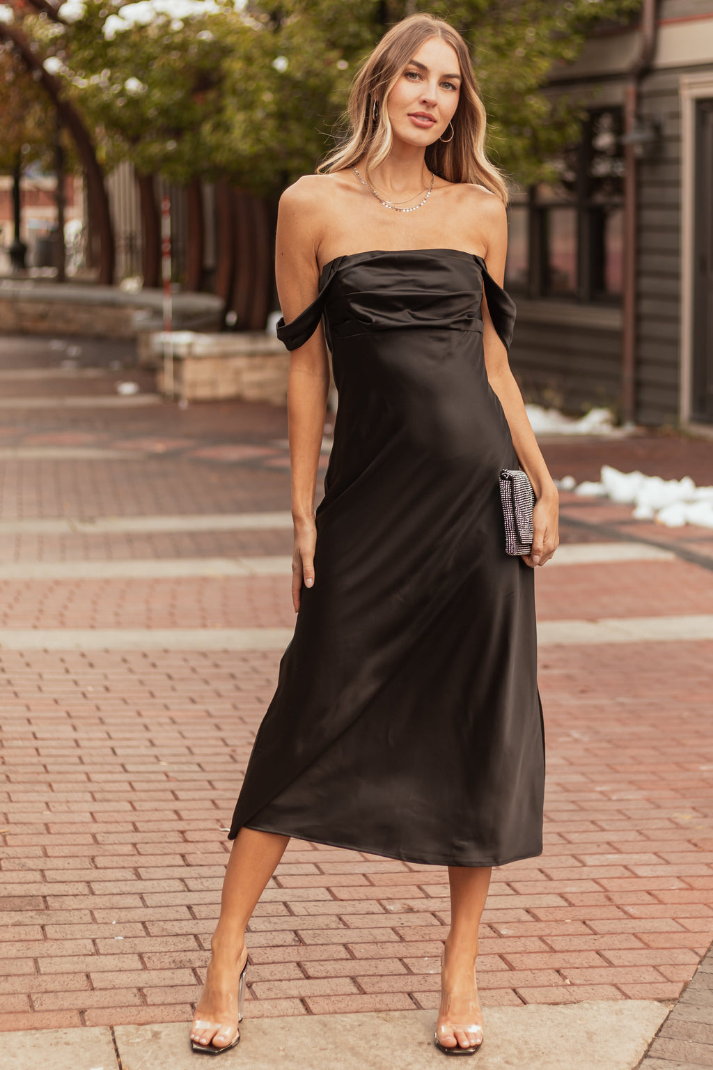 Black Satin Ruched Off-Shoulder Midi Dress