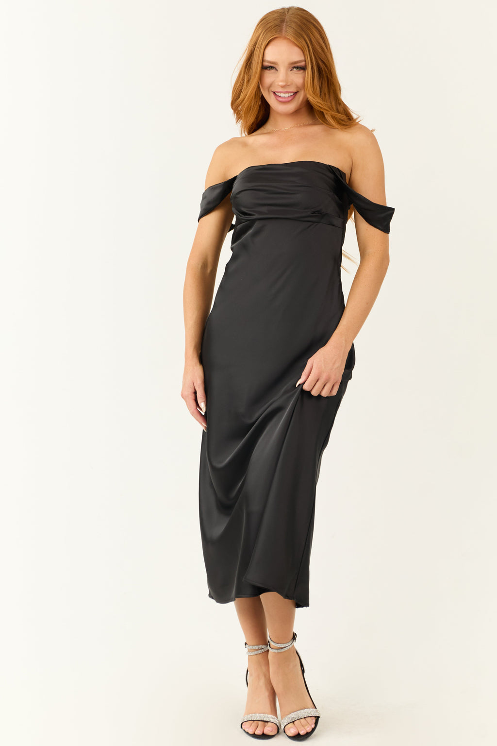 Black Satin Ruched Off-Shoulder Midi Dress