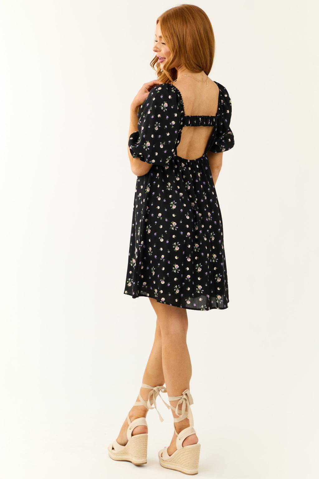 Black Floral Mini Dress with Back Cut-Out