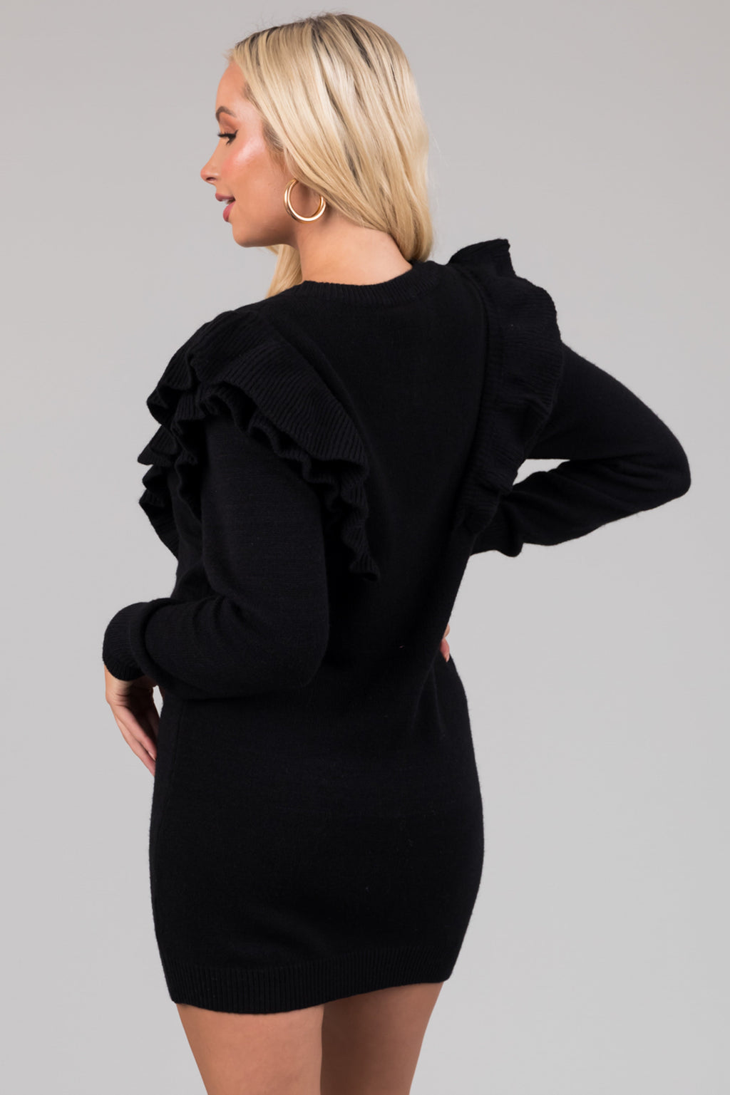 Black Sweater Mini Dress with Front Ruffle Detail