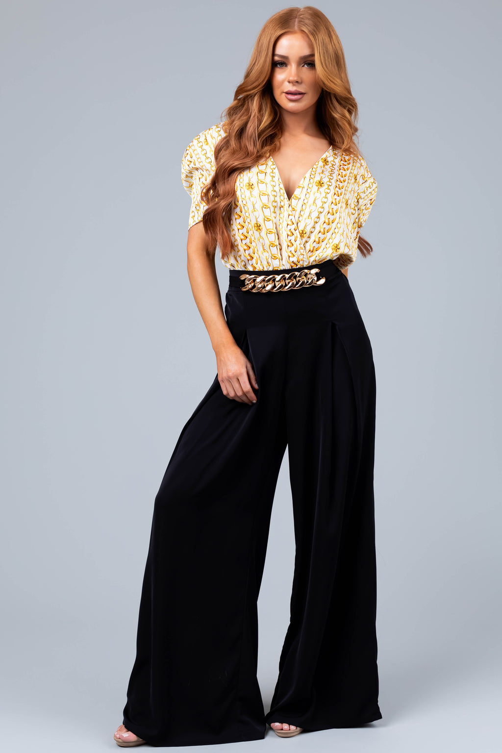 Black Flowy Wide Leg Pants with Gold Chain Waist Detail