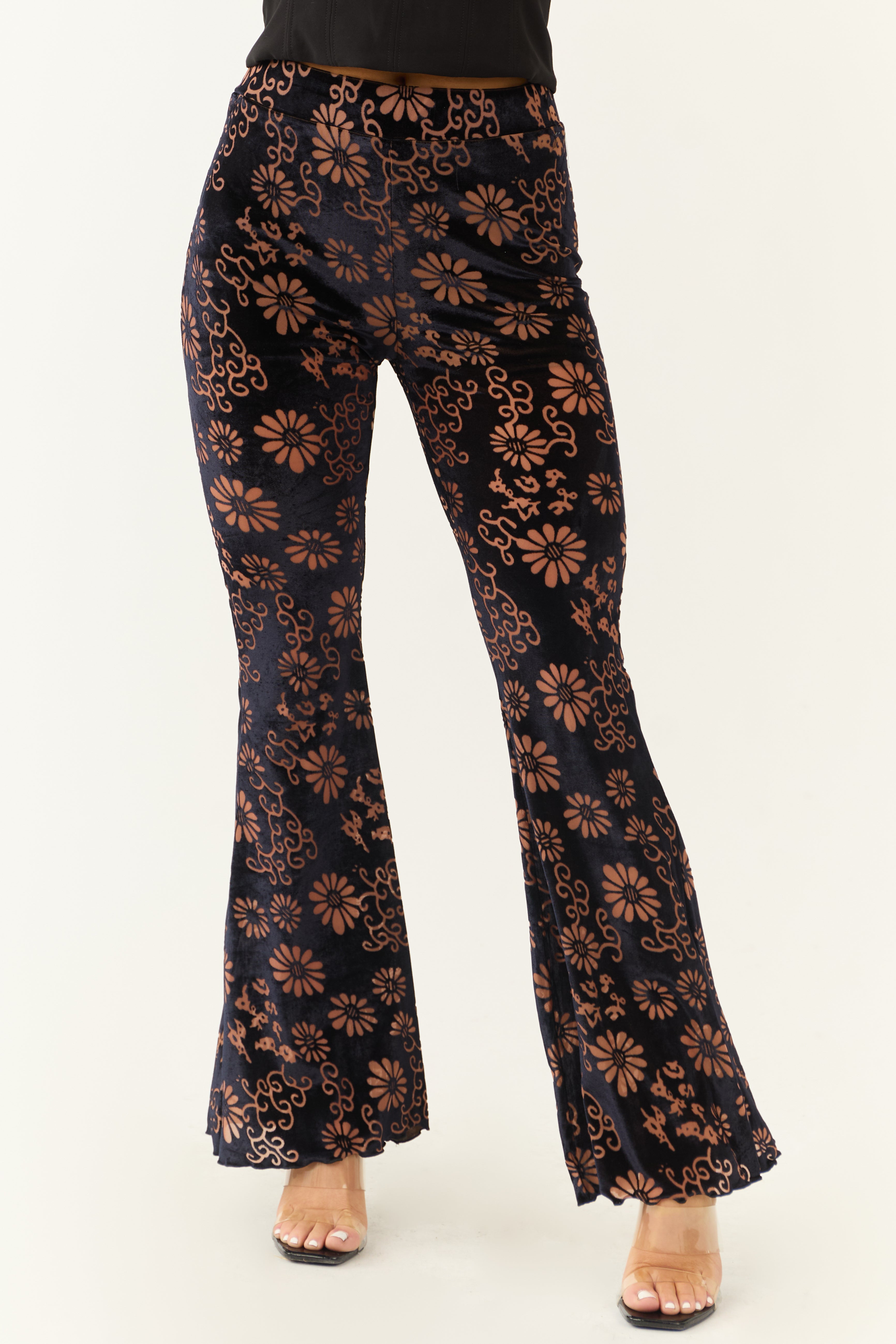 Black Velvet Floral High-Rise Flared Pants