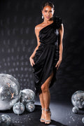 Black One Shoulder Midi Dress with Asymmetrical Design