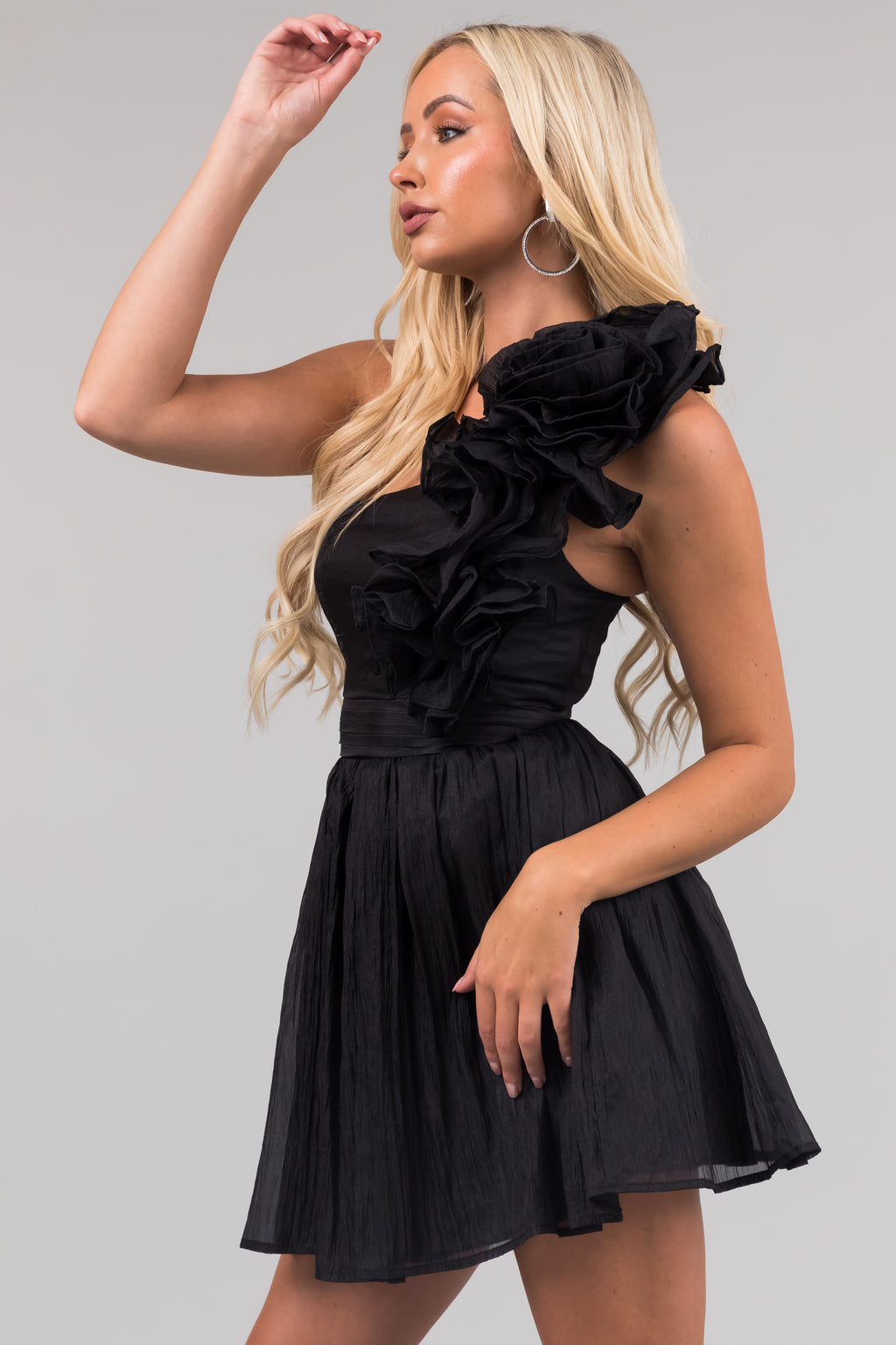Black One-Shoulder Ruffle Mini Dress