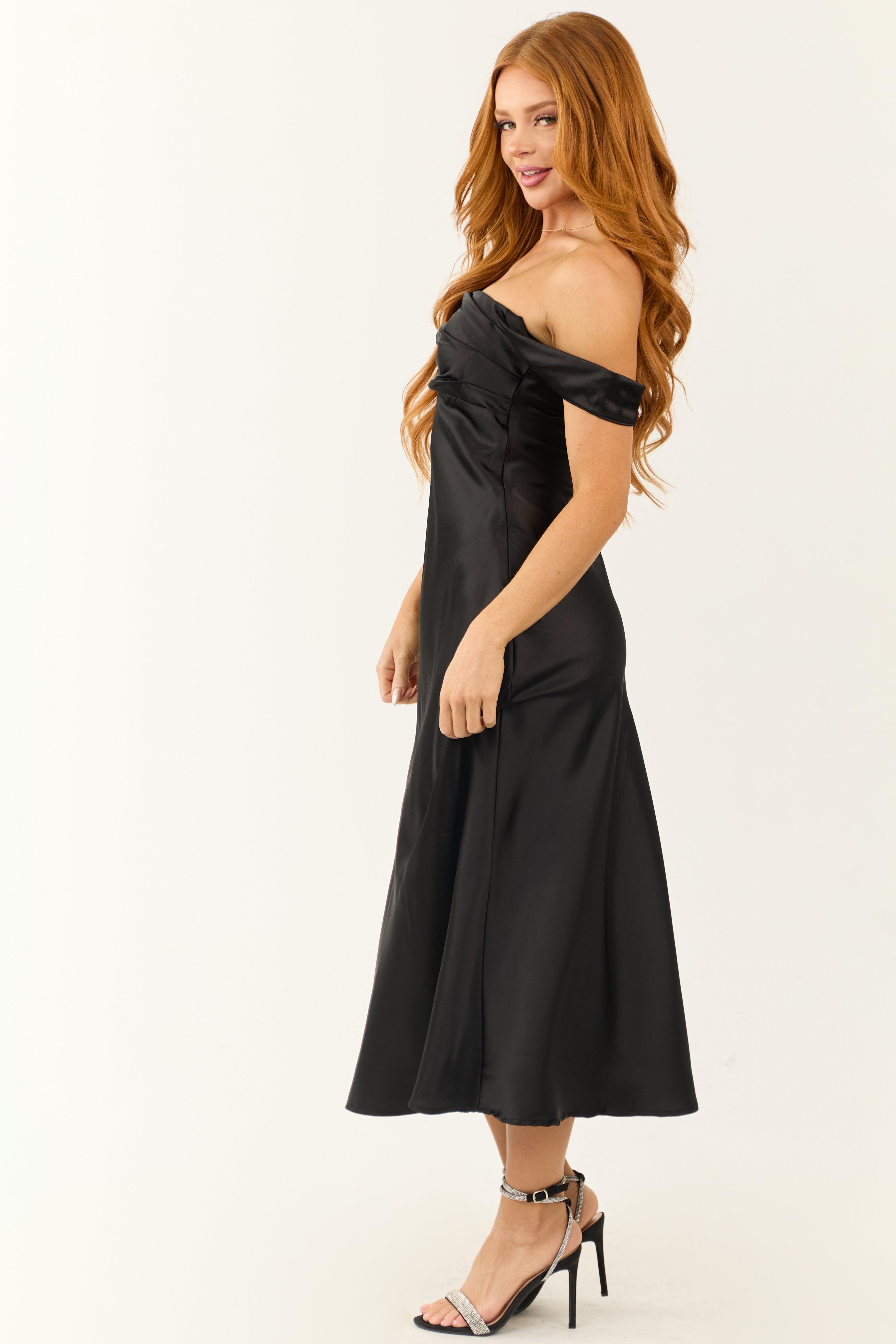 Black Satin Ruched Off-Shoulder Midi Dress