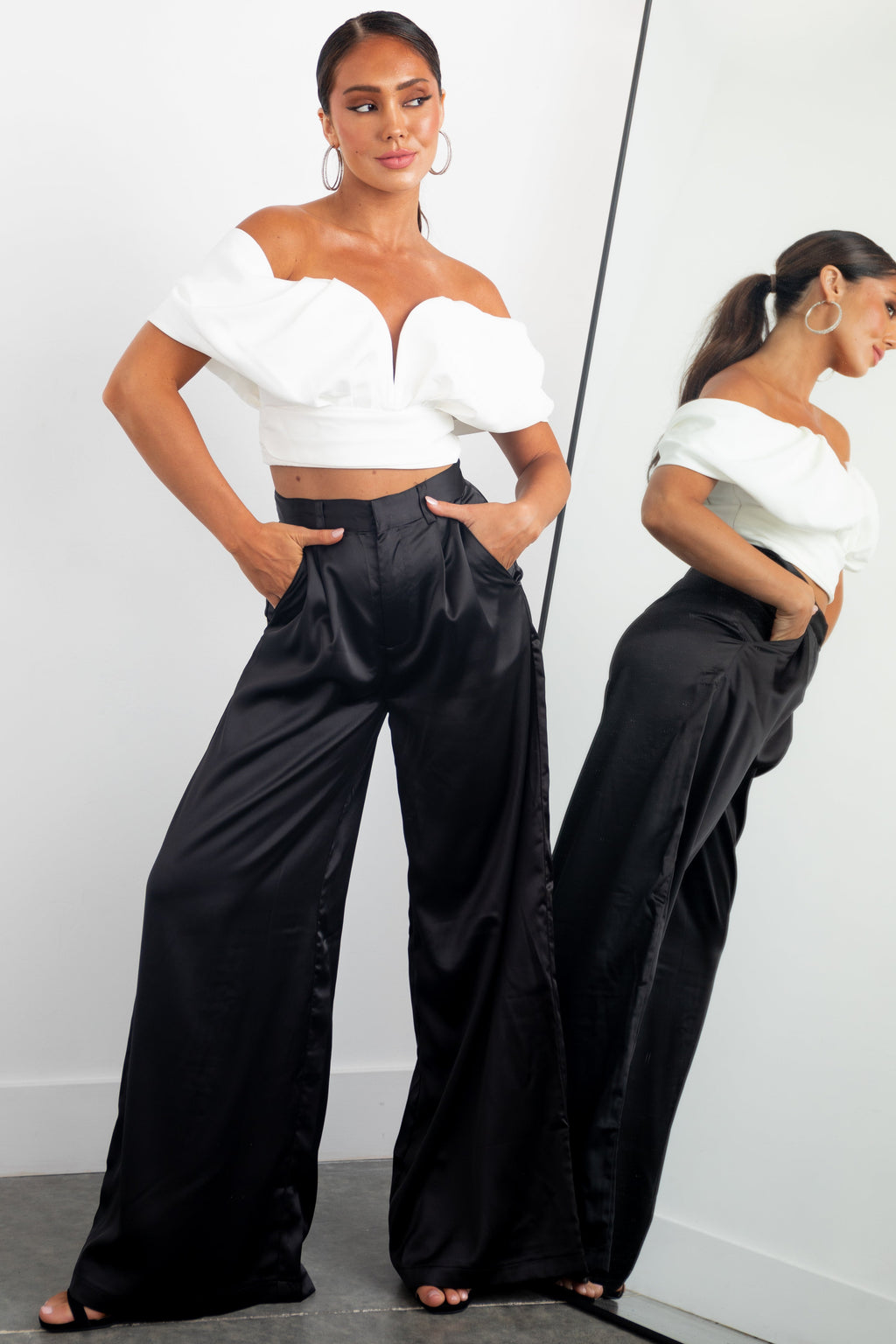 Black Wide Leg Satin Pants with High Rise