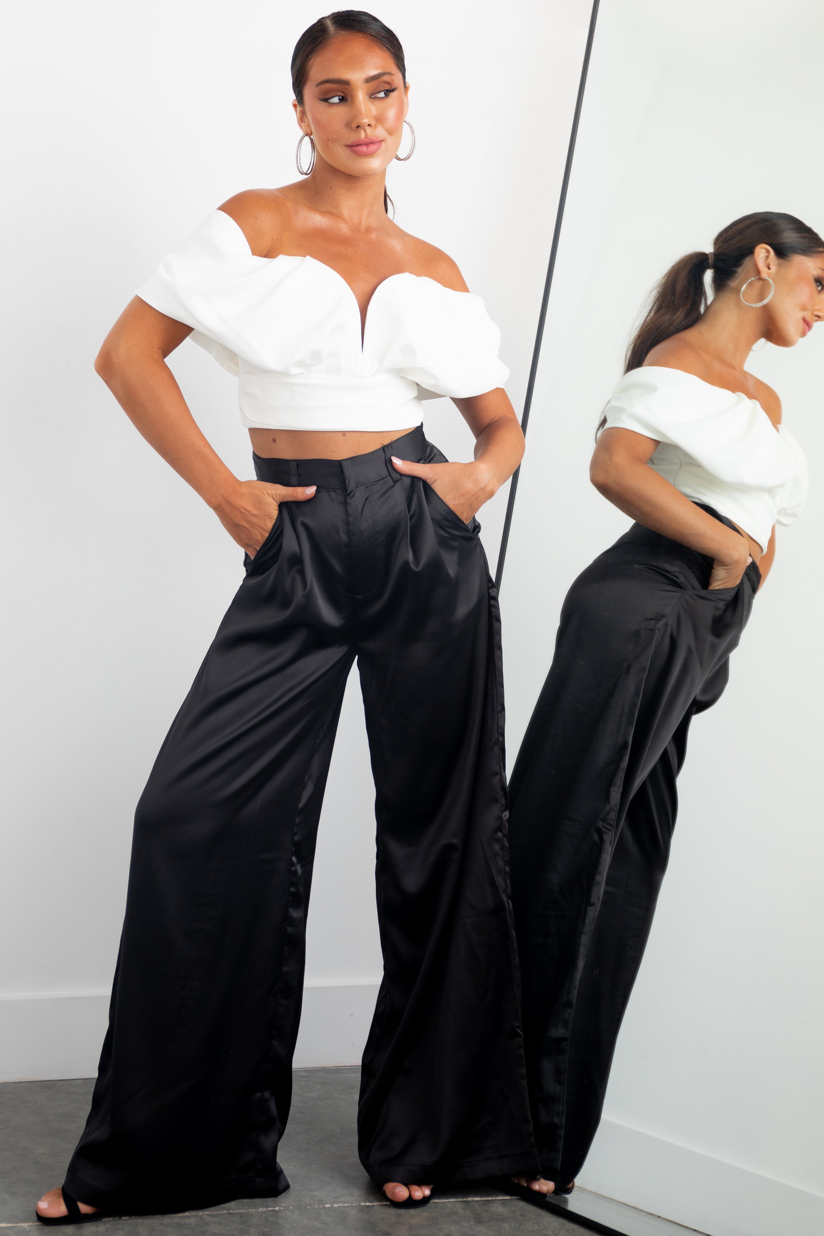 Black Wide Leg Satin Pants with High Rise
