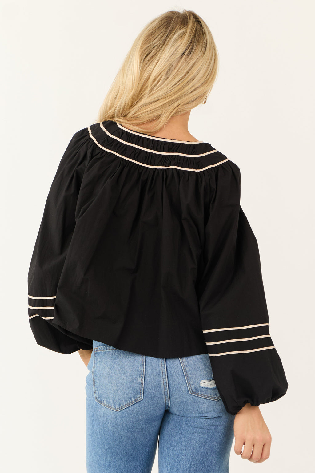 Black Double Tie Front Puff Sleeve Top