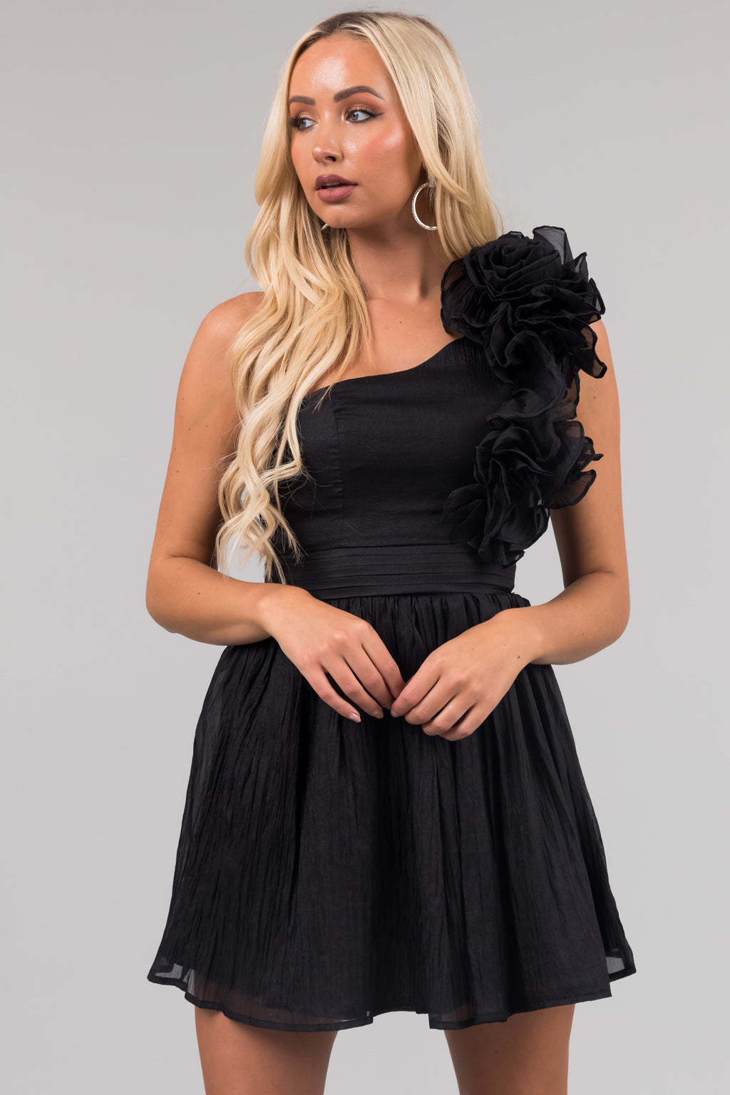 Black One-Shoulder Ruffle Mini Dress