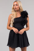 Black One-Shoulder Ruffle Mini Dress