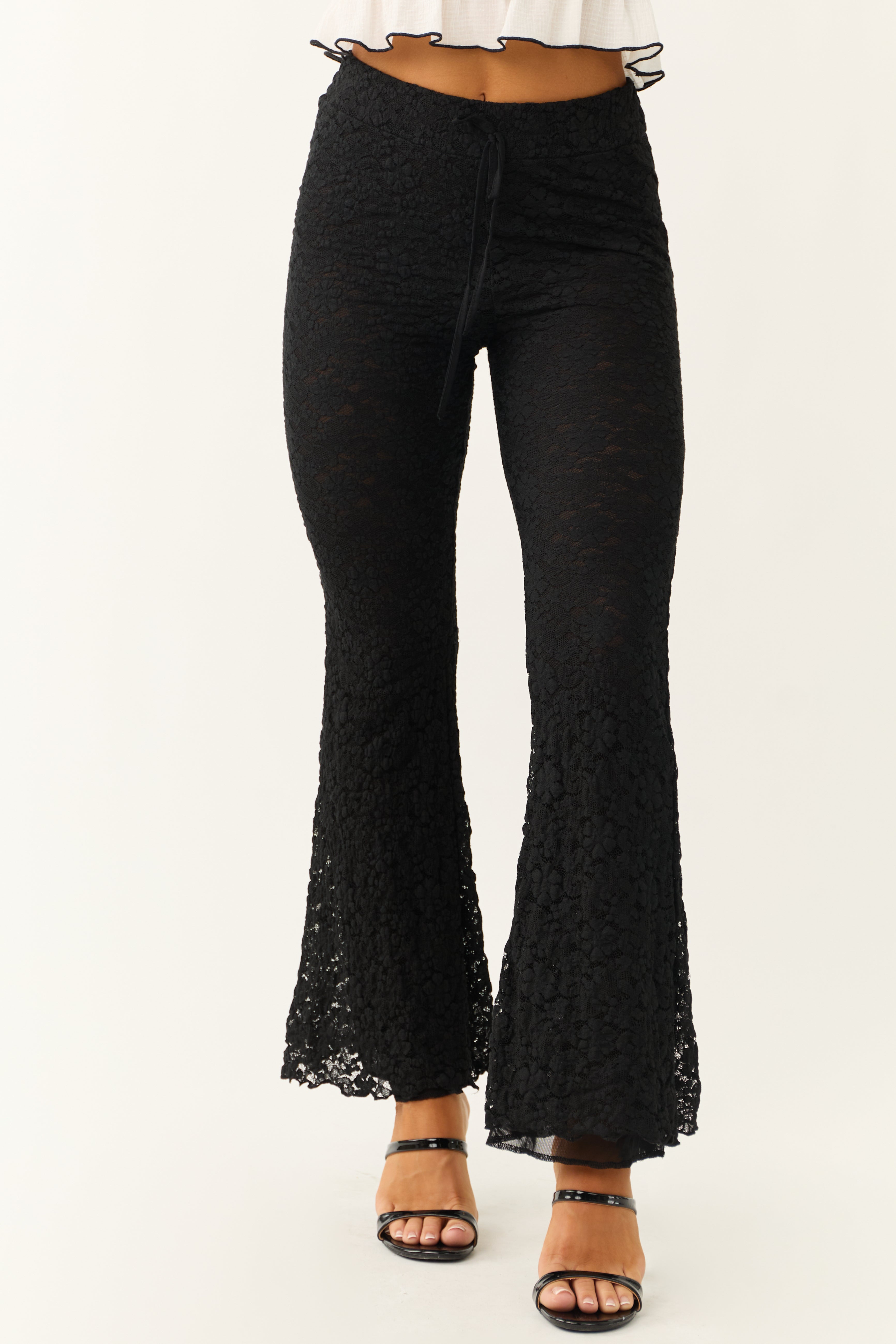 Black Floral Lace Flare Pants with Waist Tie