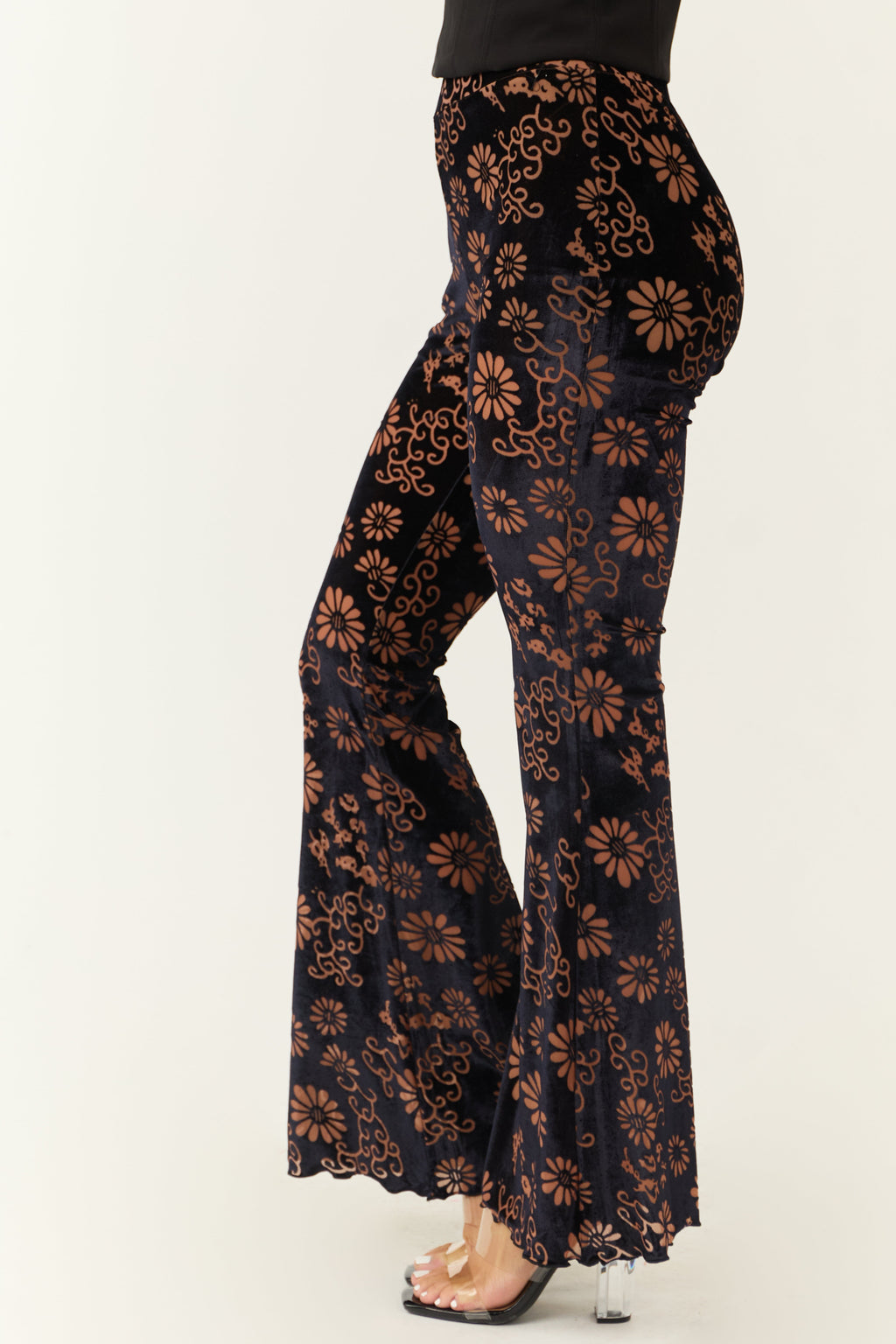 Black Velvet Floral High-Rise Flared Pants