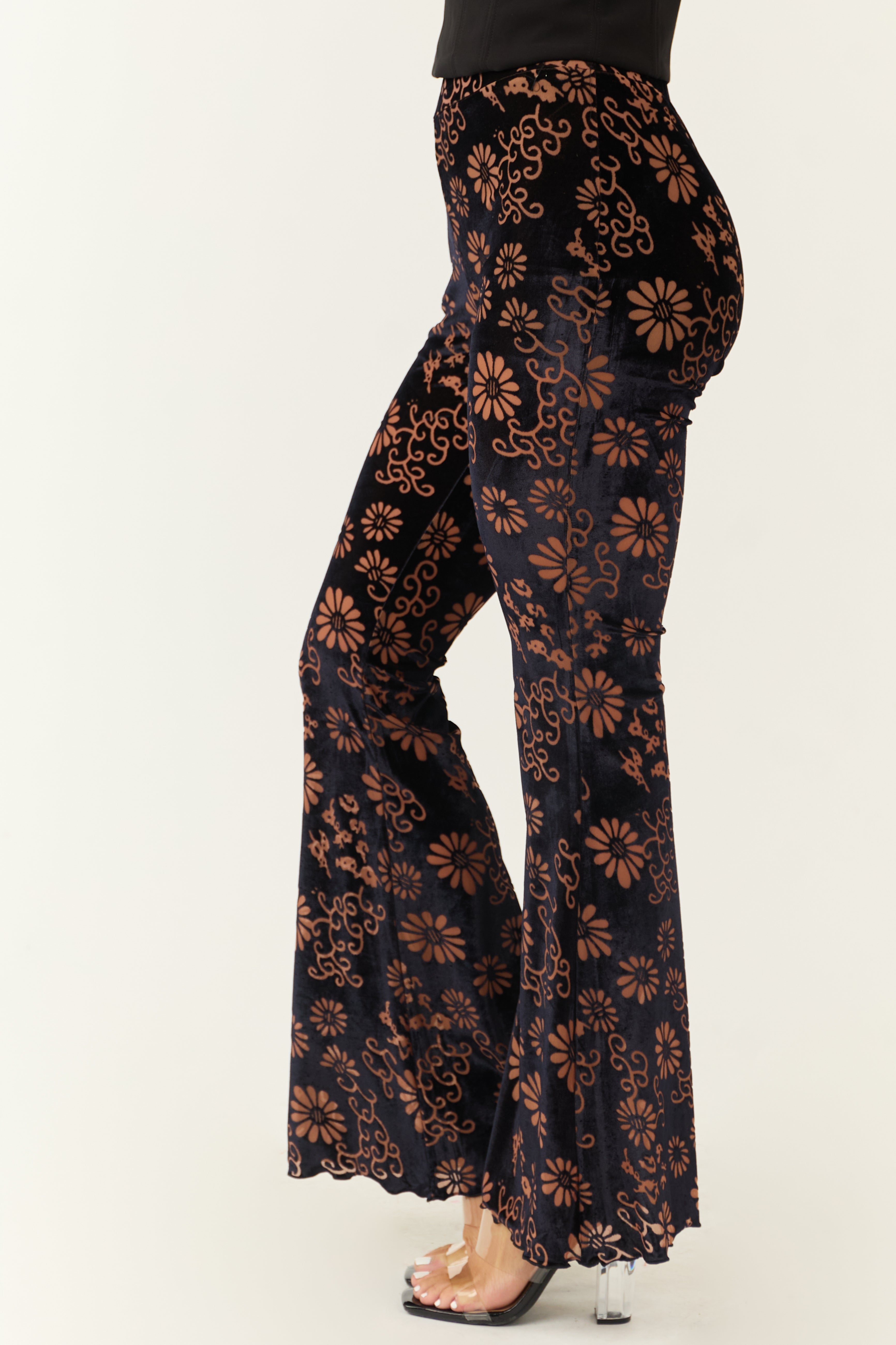 Black Velvet Floral High-Rise Flared Pants