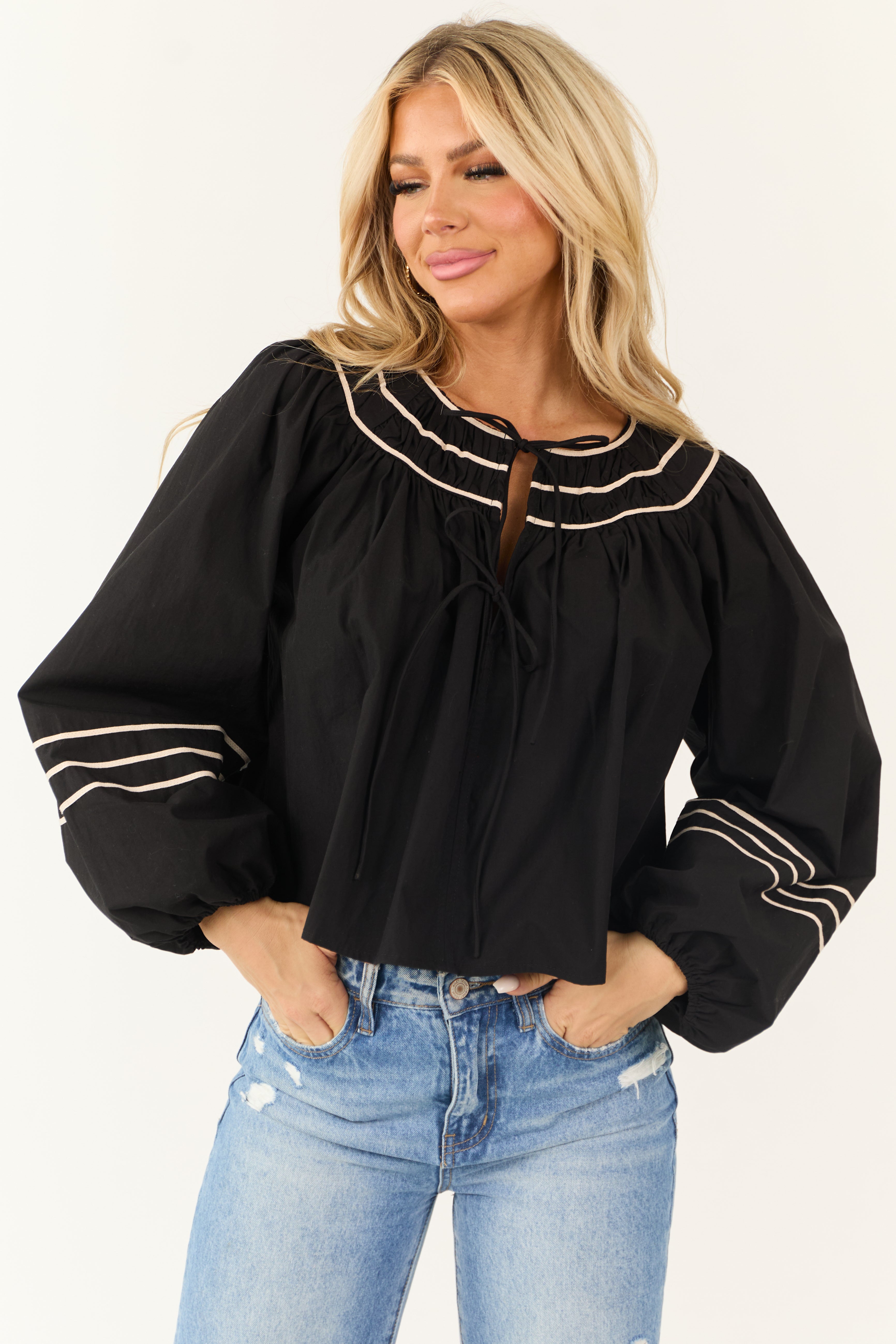 Black Double Tie Front Puff Sleeve Top