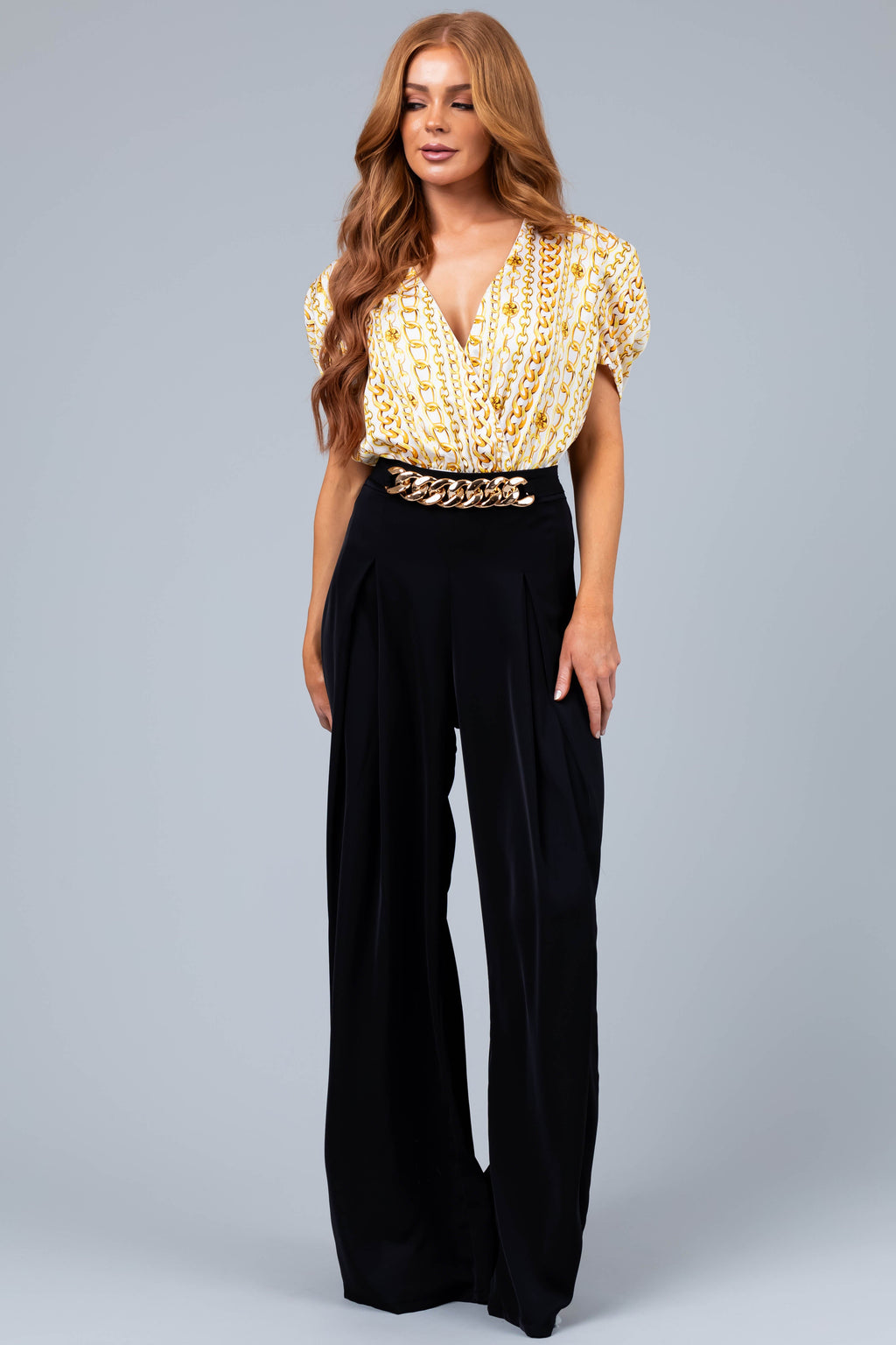 Black Flowy Wide Leg Pants with Gold Chain Waist Detail
