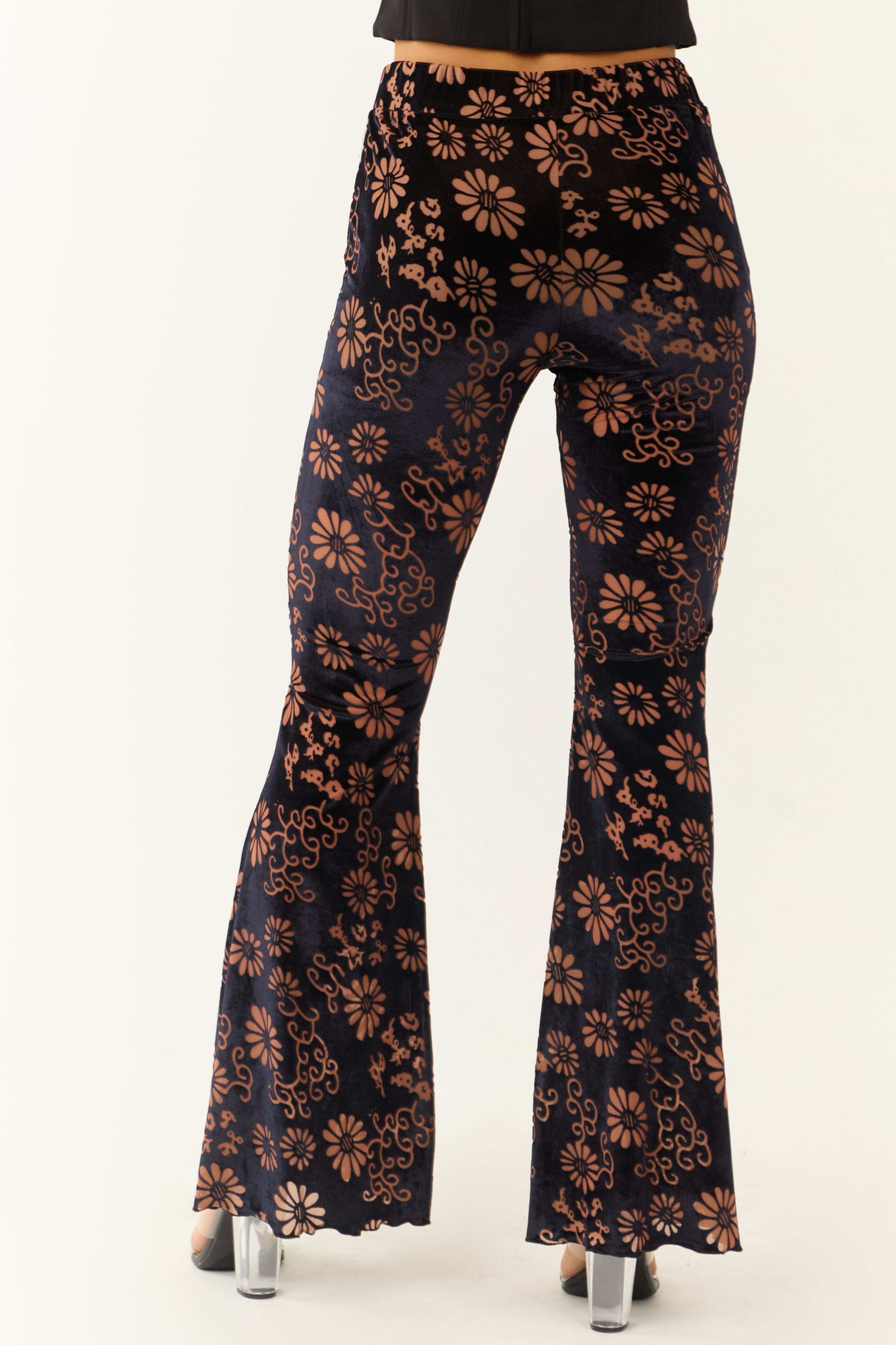 Black Velvet Floral High-Rise Flared Pants