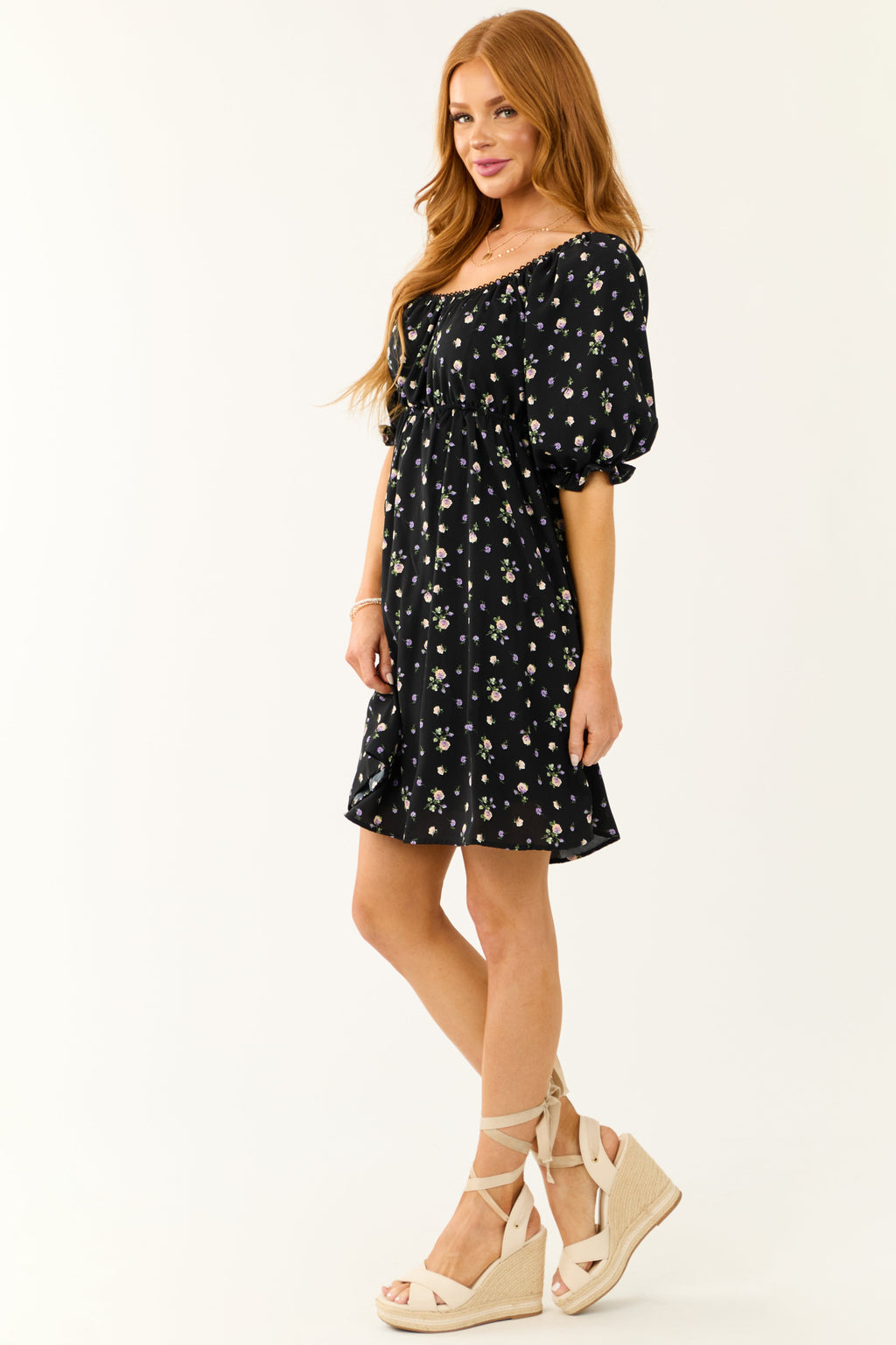Black Floral Mini Dress with Back Cut-Out