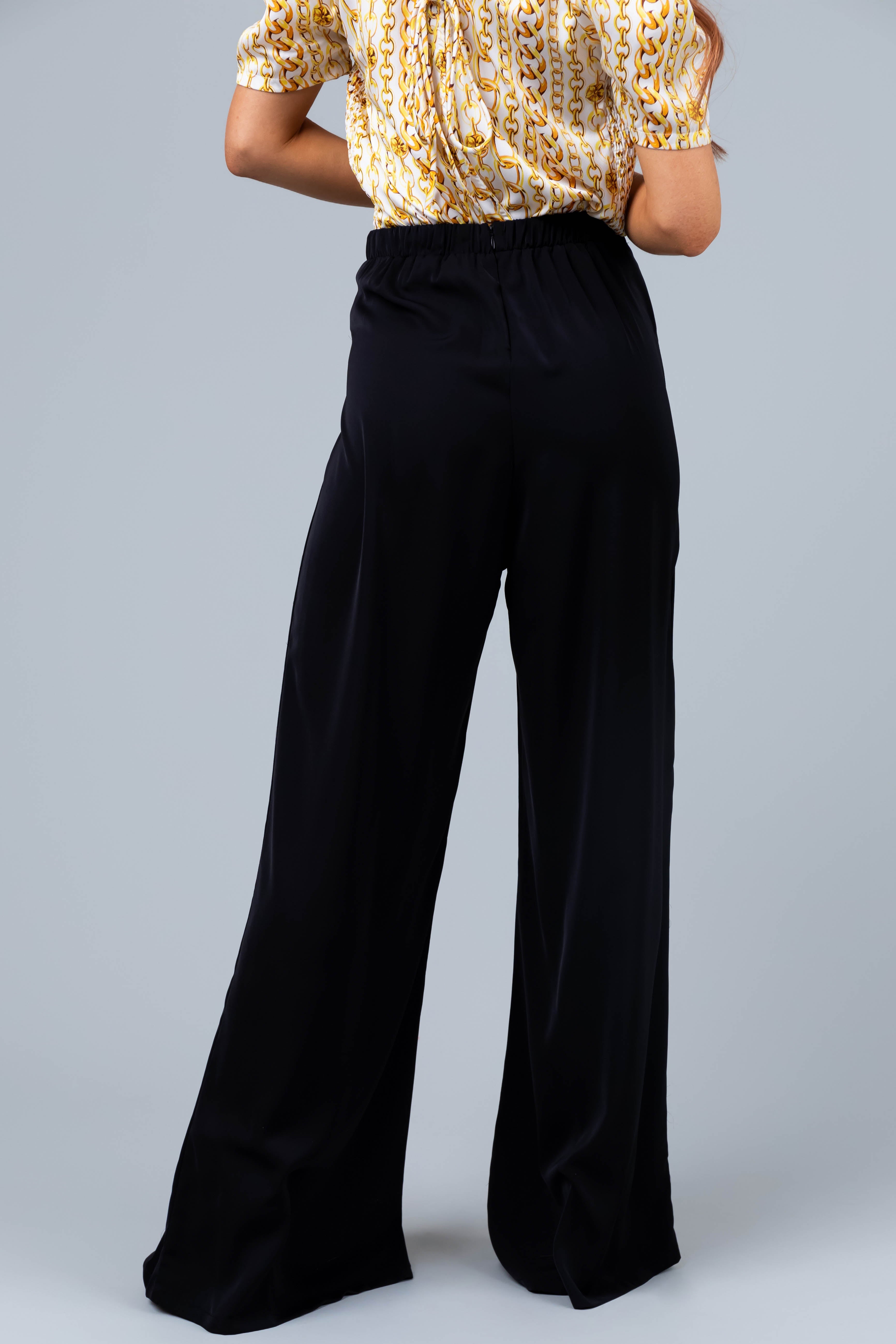 Black Flowy Wide Leg Pants with Gold Chain Waist Detail