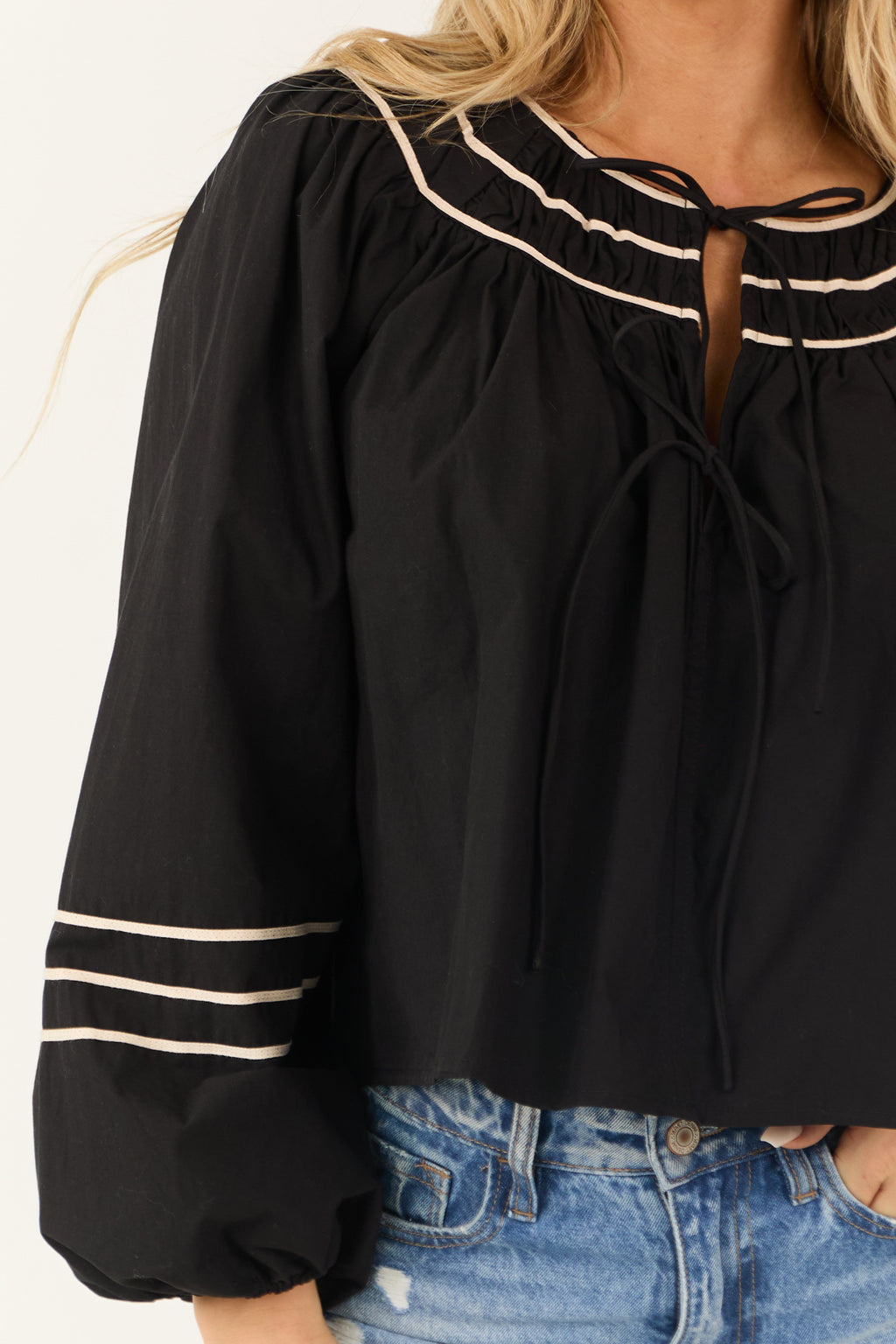 Black Double Tie Front Puff Sleeve Top