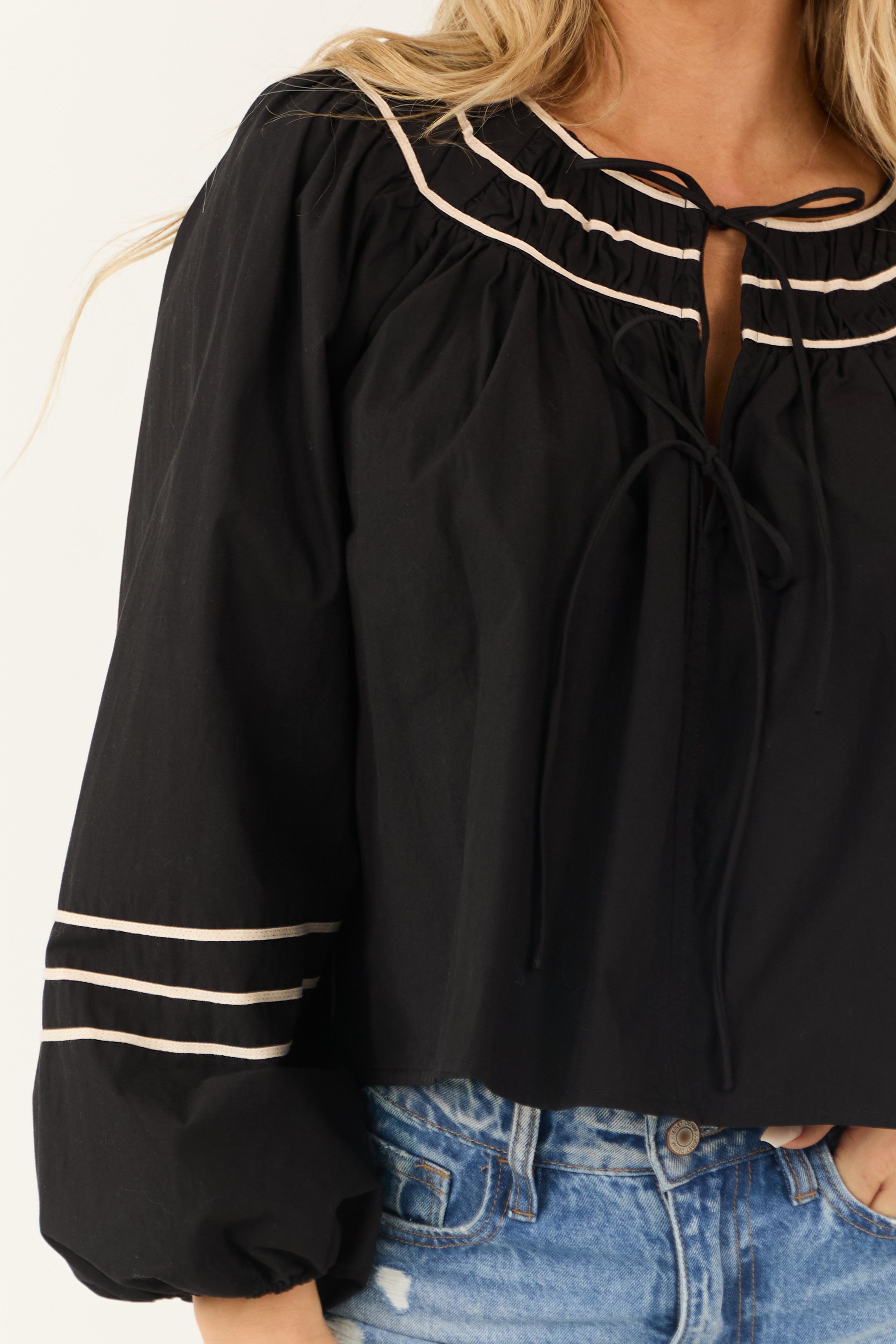 Black Double Tie Front Puff Sleeve Top