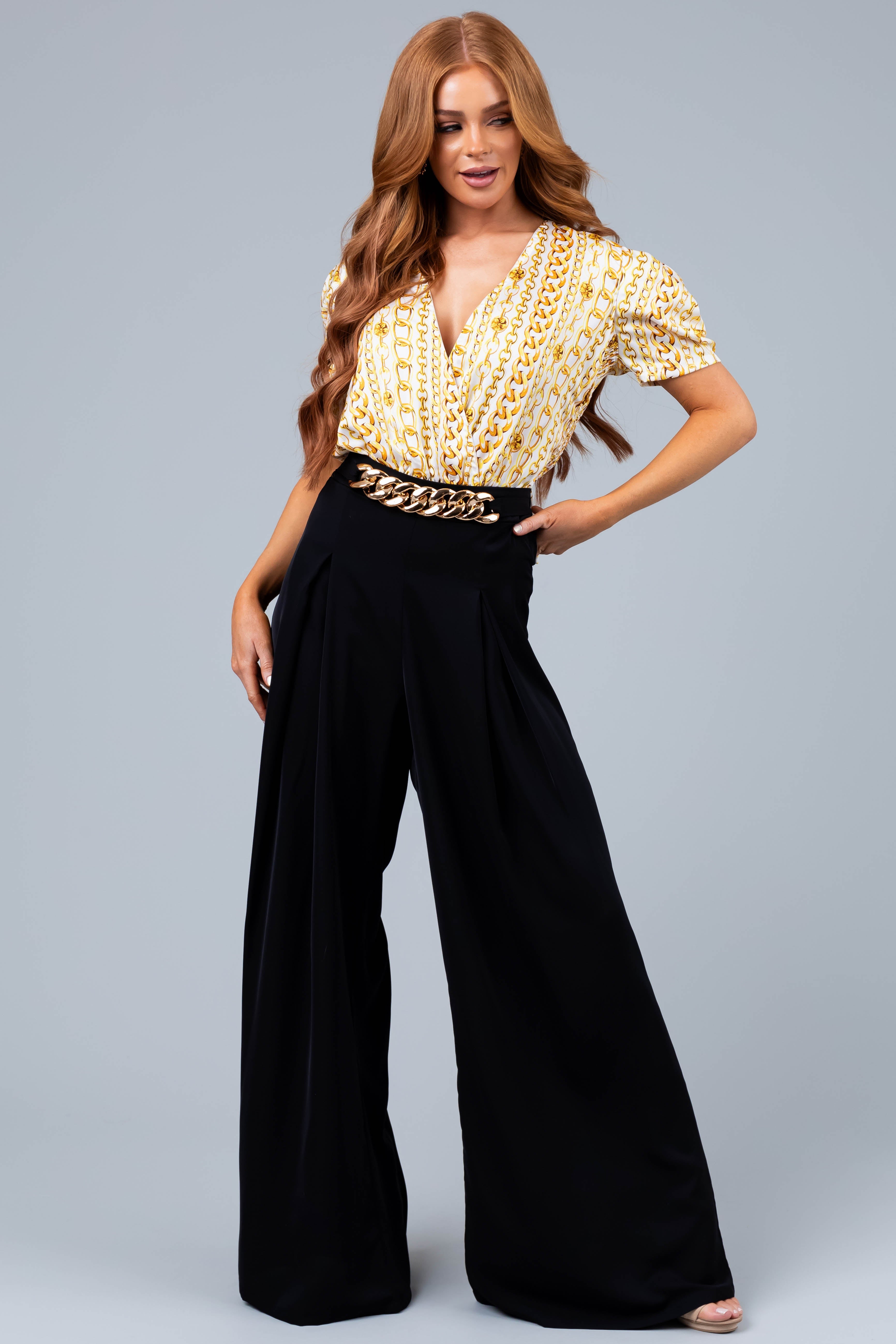 Black Flowy Wide Leg Pants with Gold Chain Waist Detail