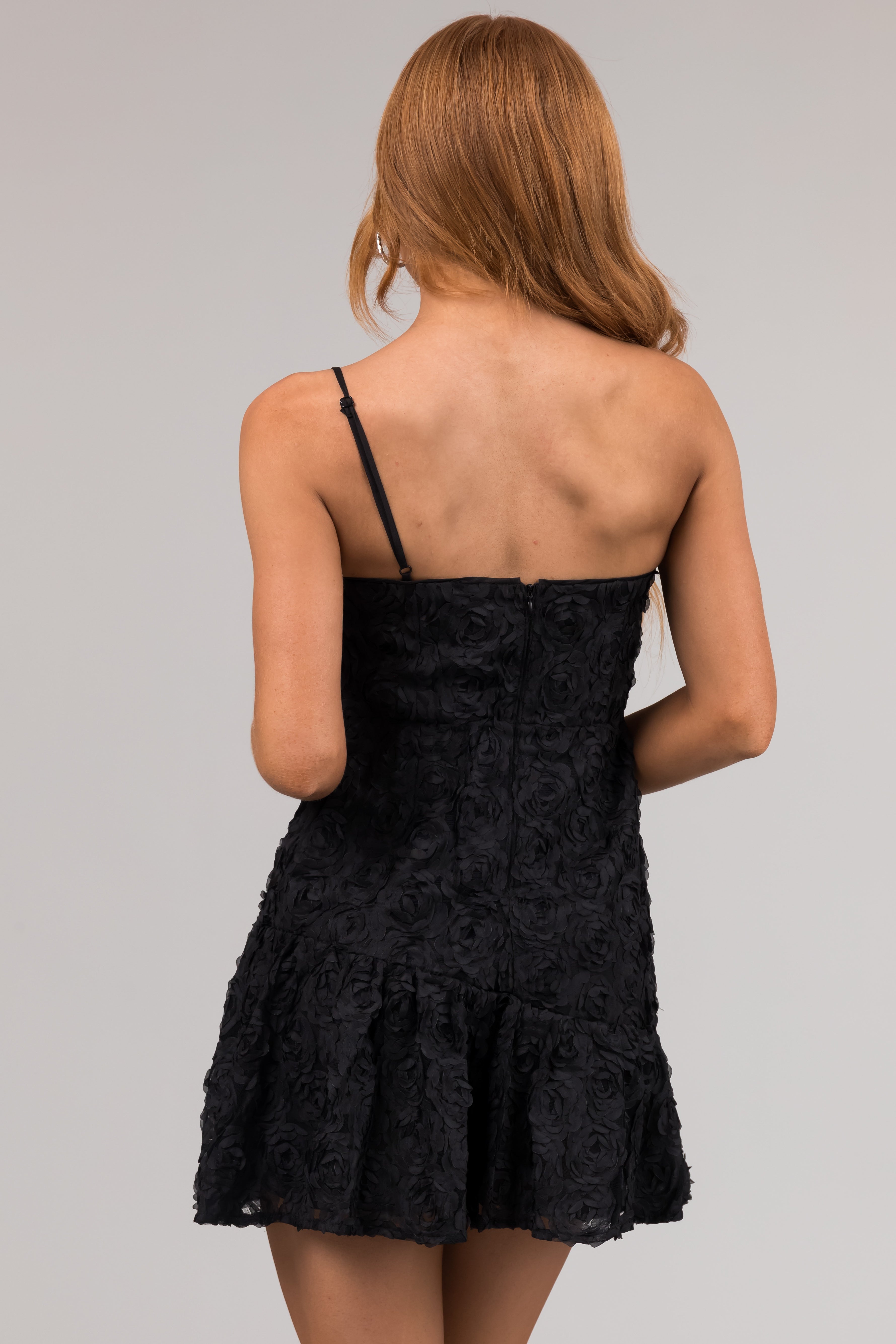 Black One-Shoulder Mini Dress with Flower Detail