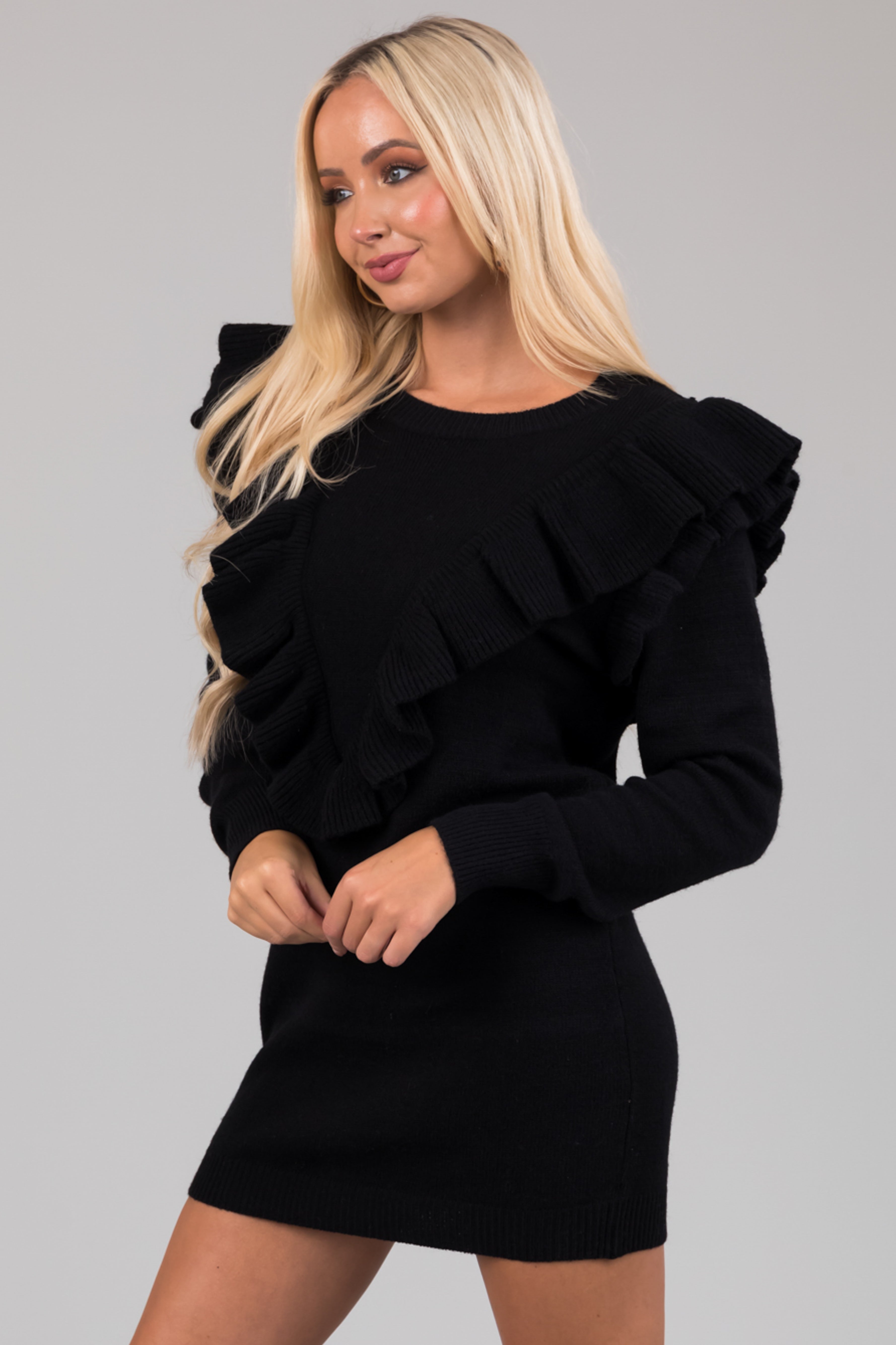 Black Sweater Mini Dress with Front Ruffle Detail