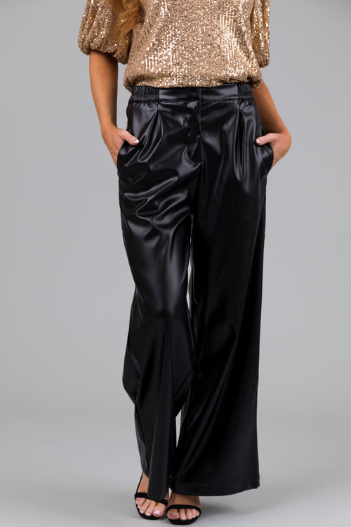 Black Faux Leather Elastic Waist Wide Leg Pants