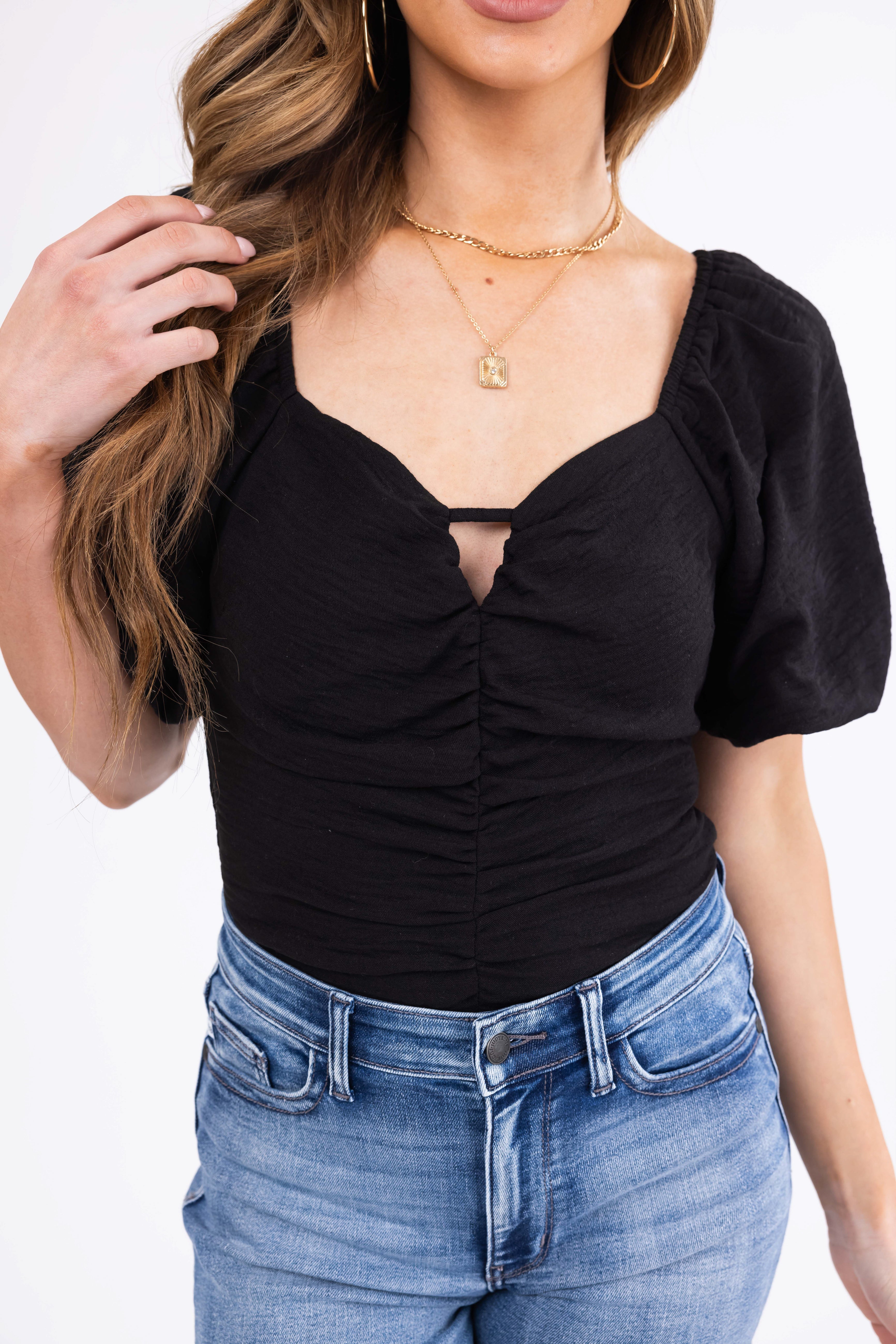 Black Linen Ruched Puff Sleeve Bodysuit