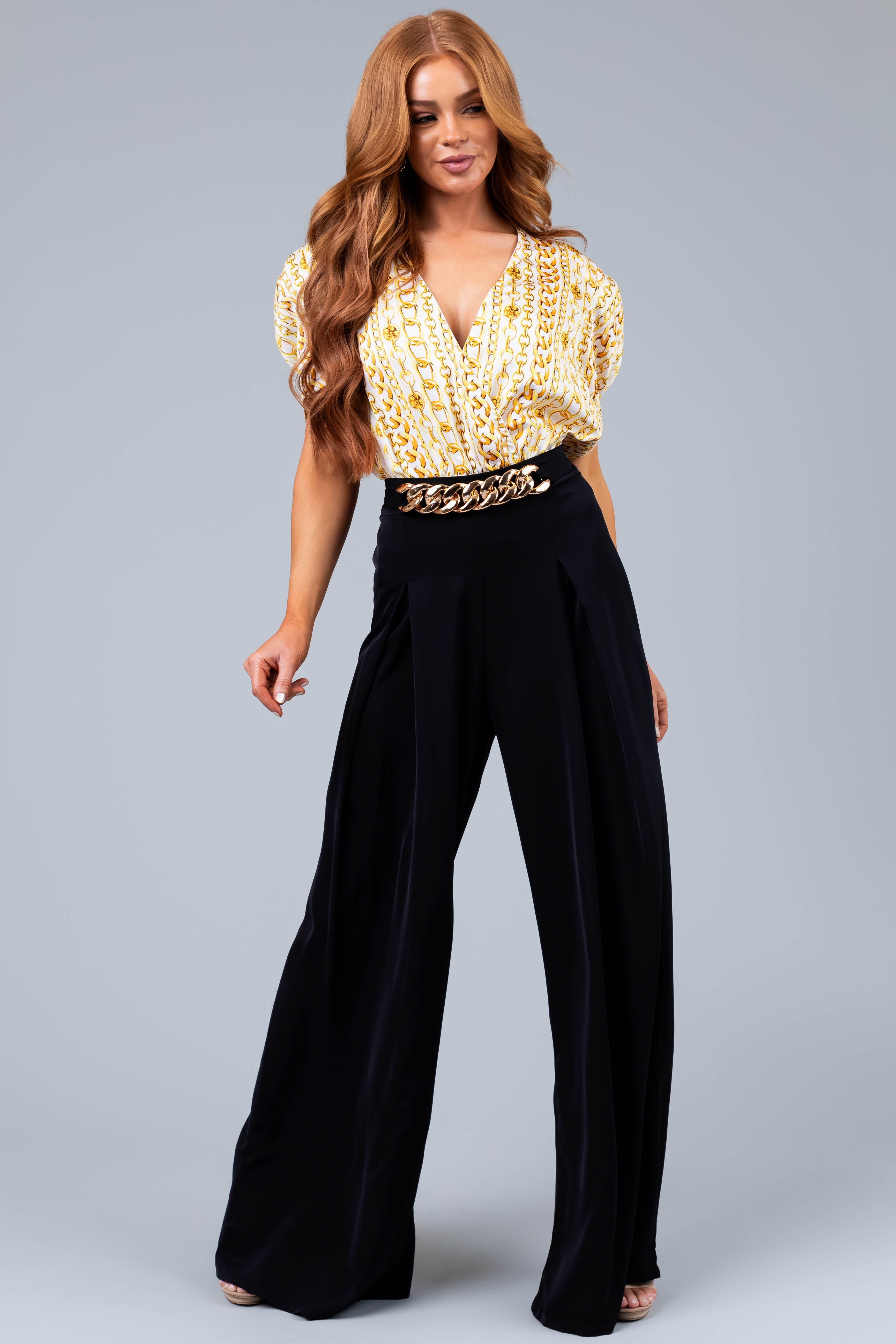 Black Flowy Wide Leg Pants with Gold Chain Waist Detail