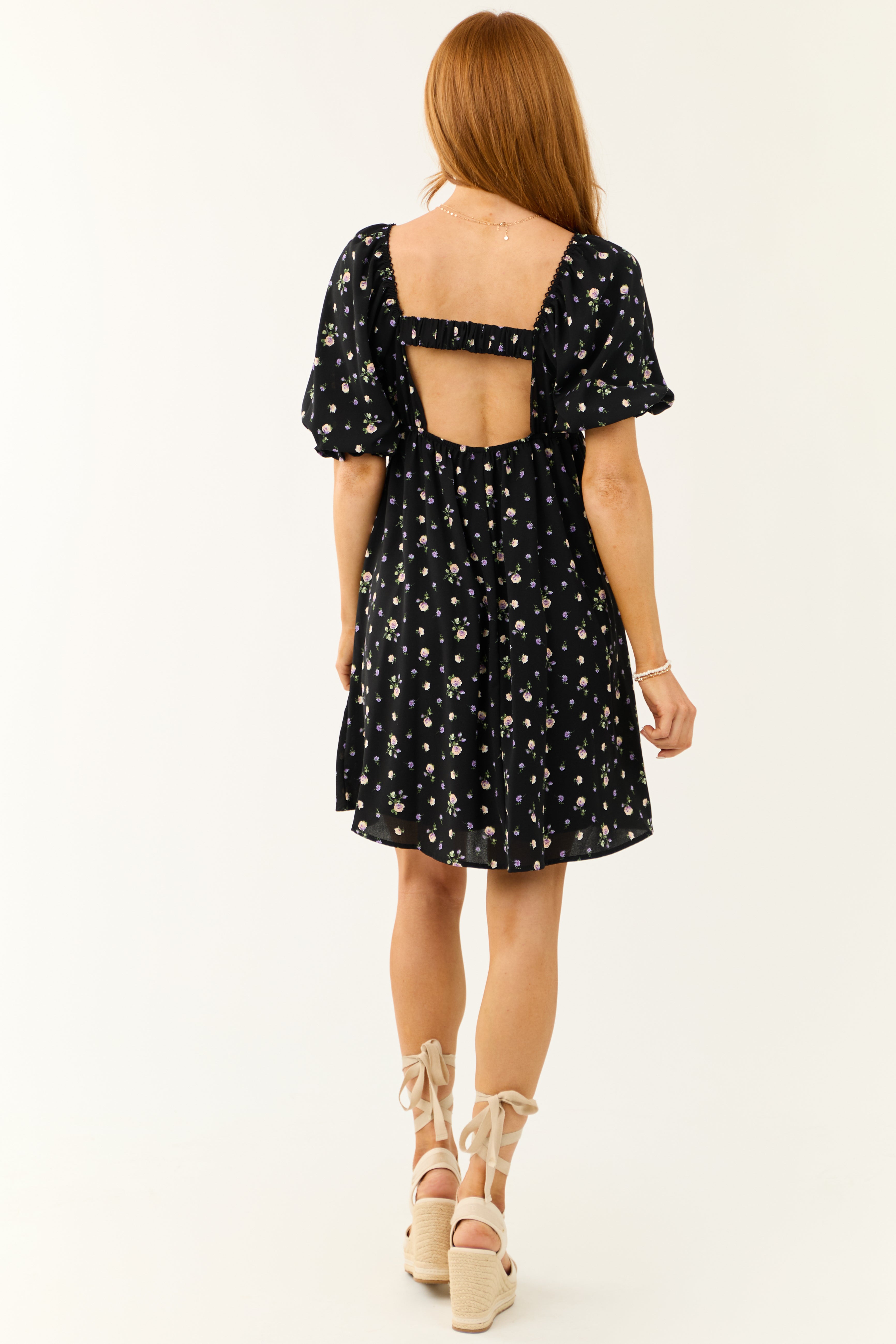 Black Floral Mini Dress with Back Cut-Out