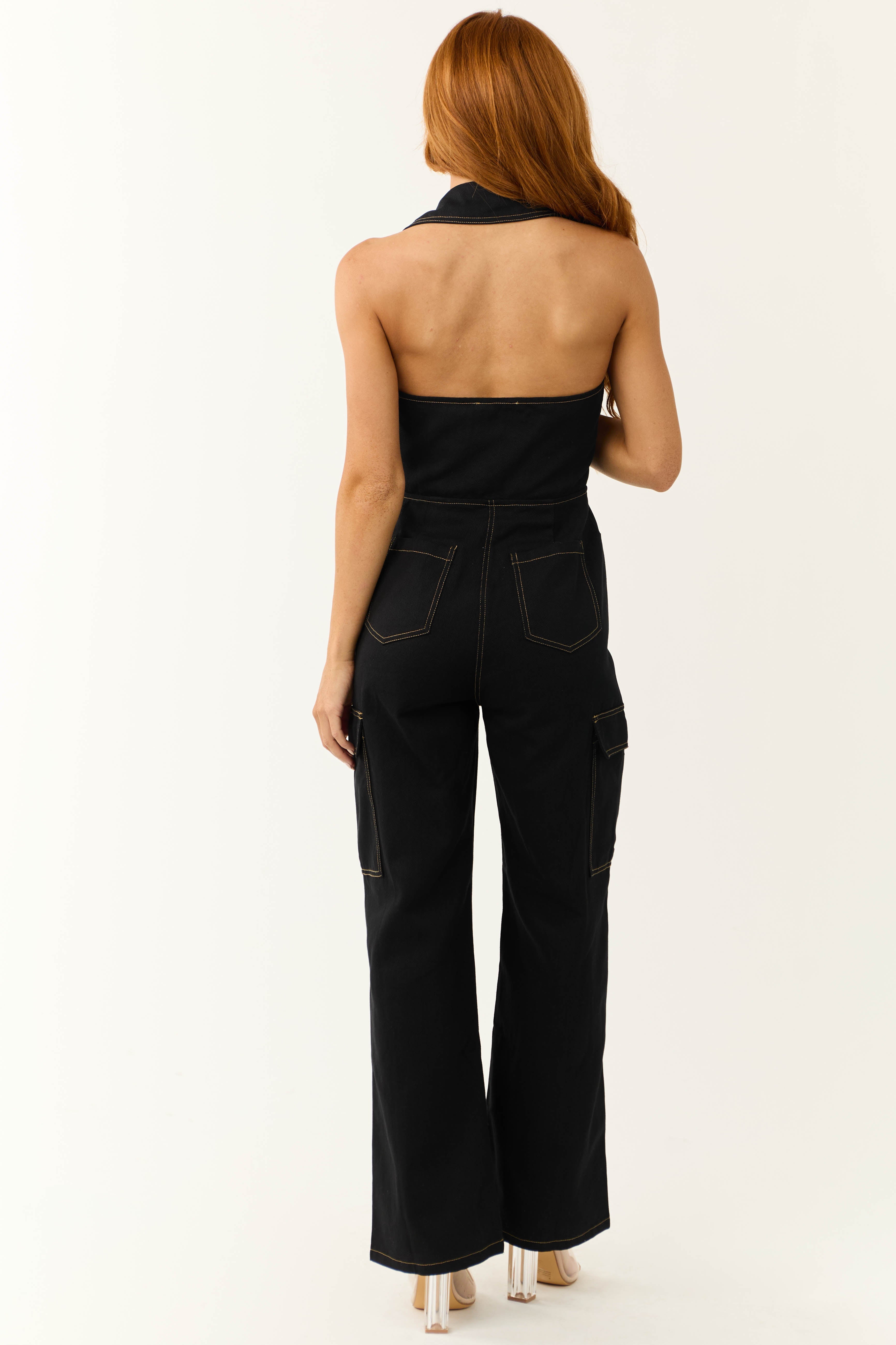 Black Halter Neck Button-Up Cargo Denim Jumpsuit