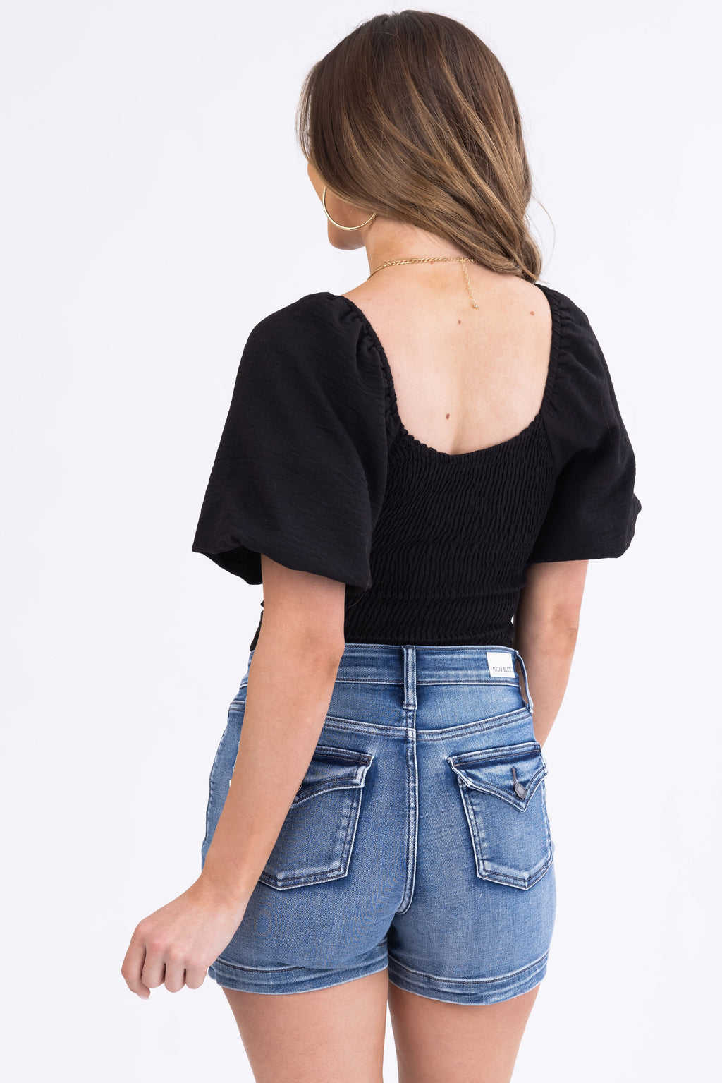 Black Linen Ruched Puff Sleeve Bodysuit
