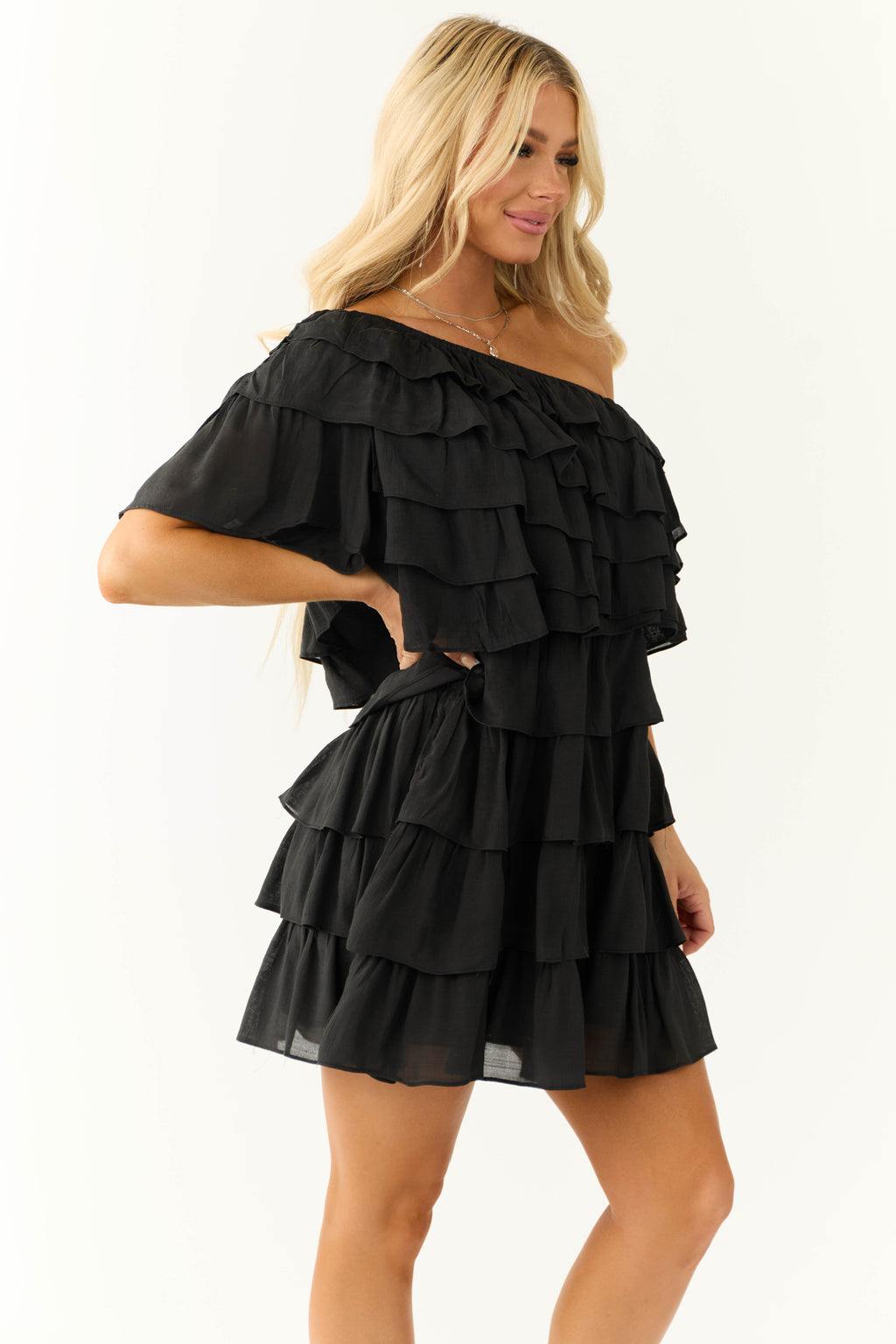 Black One Shoulder Ruffle Tiered Mini Dress