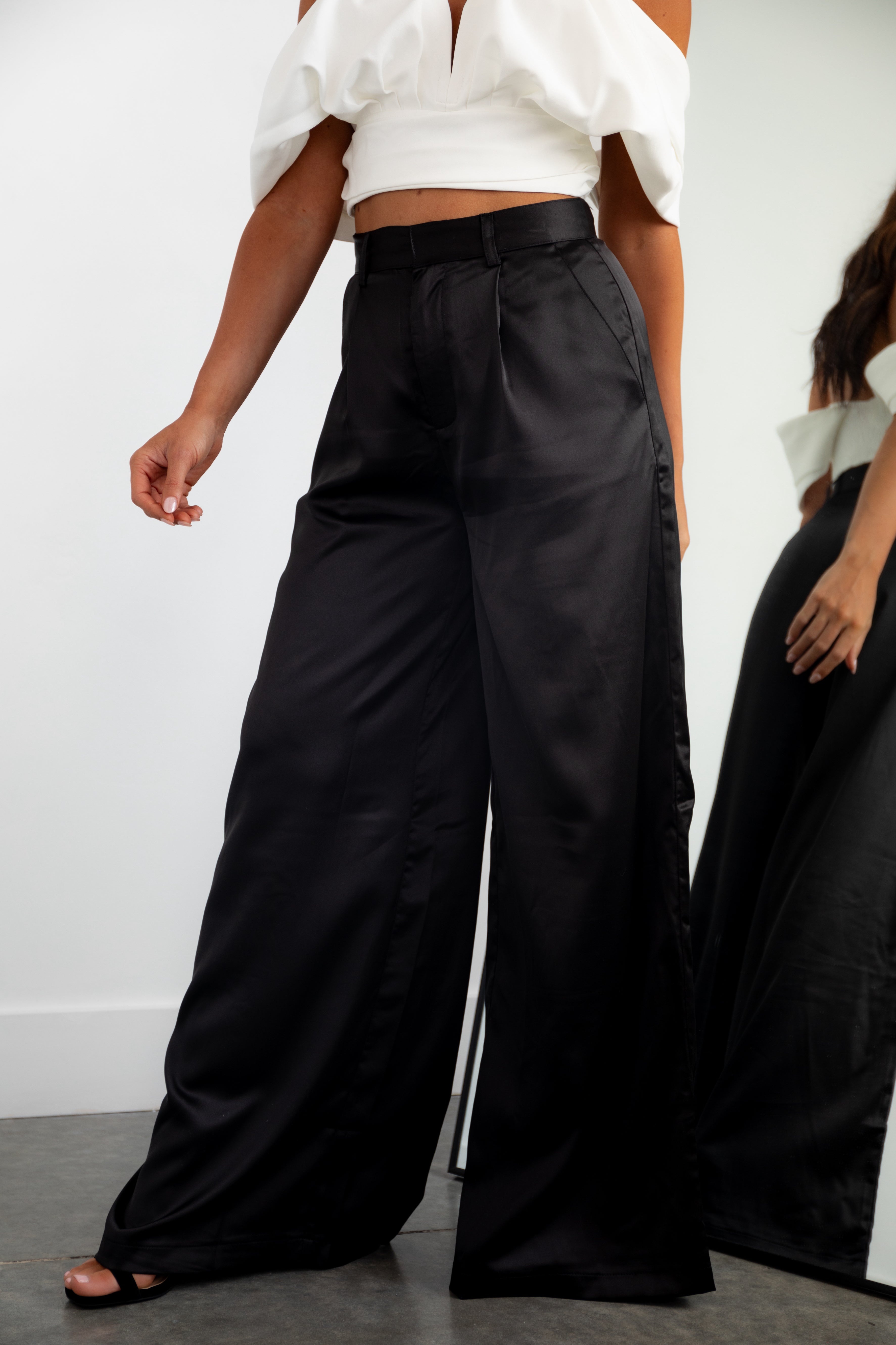Black Wide Leg Satin Pants with High Rise