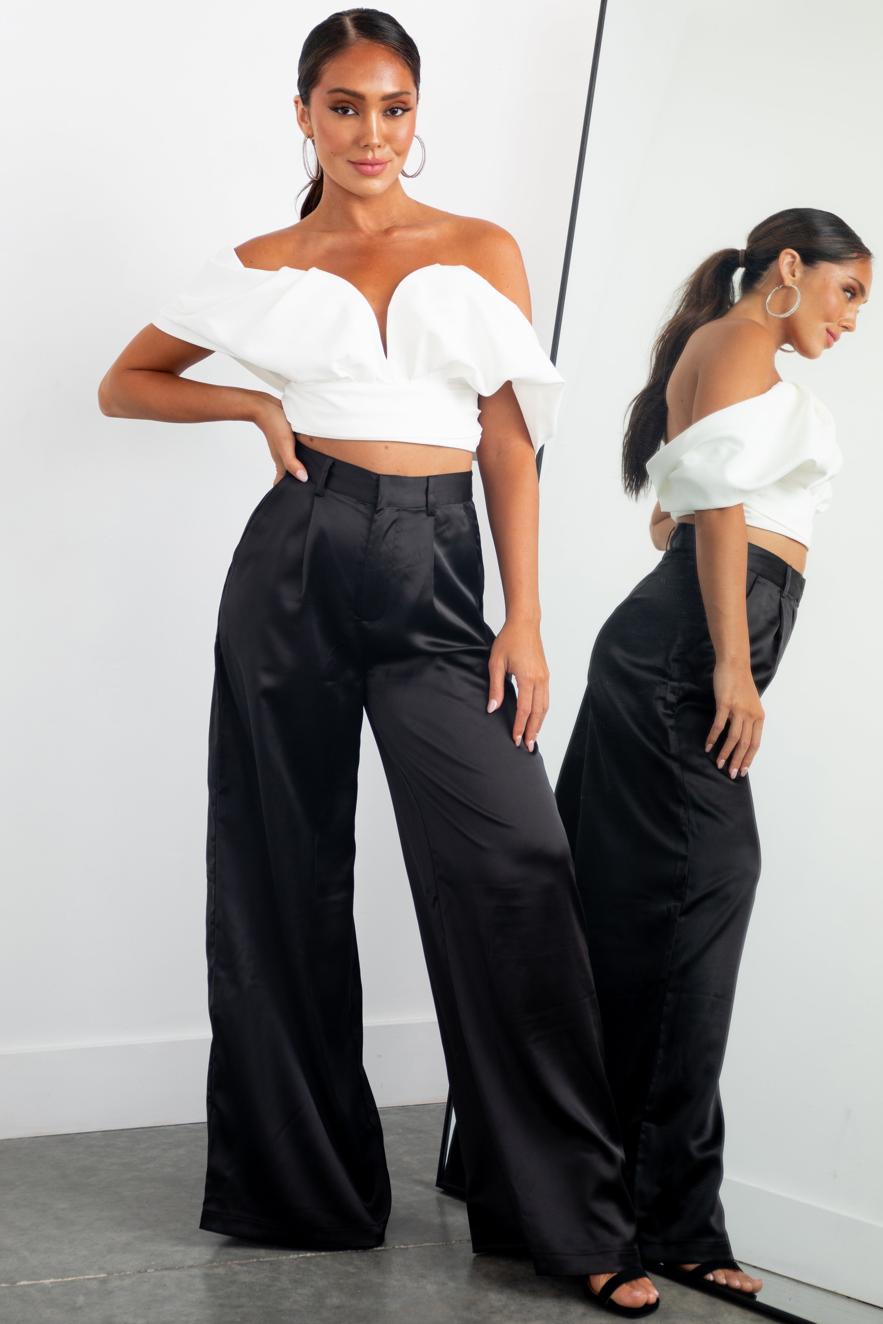 Black Wide Leg Satin Pants with High Rise