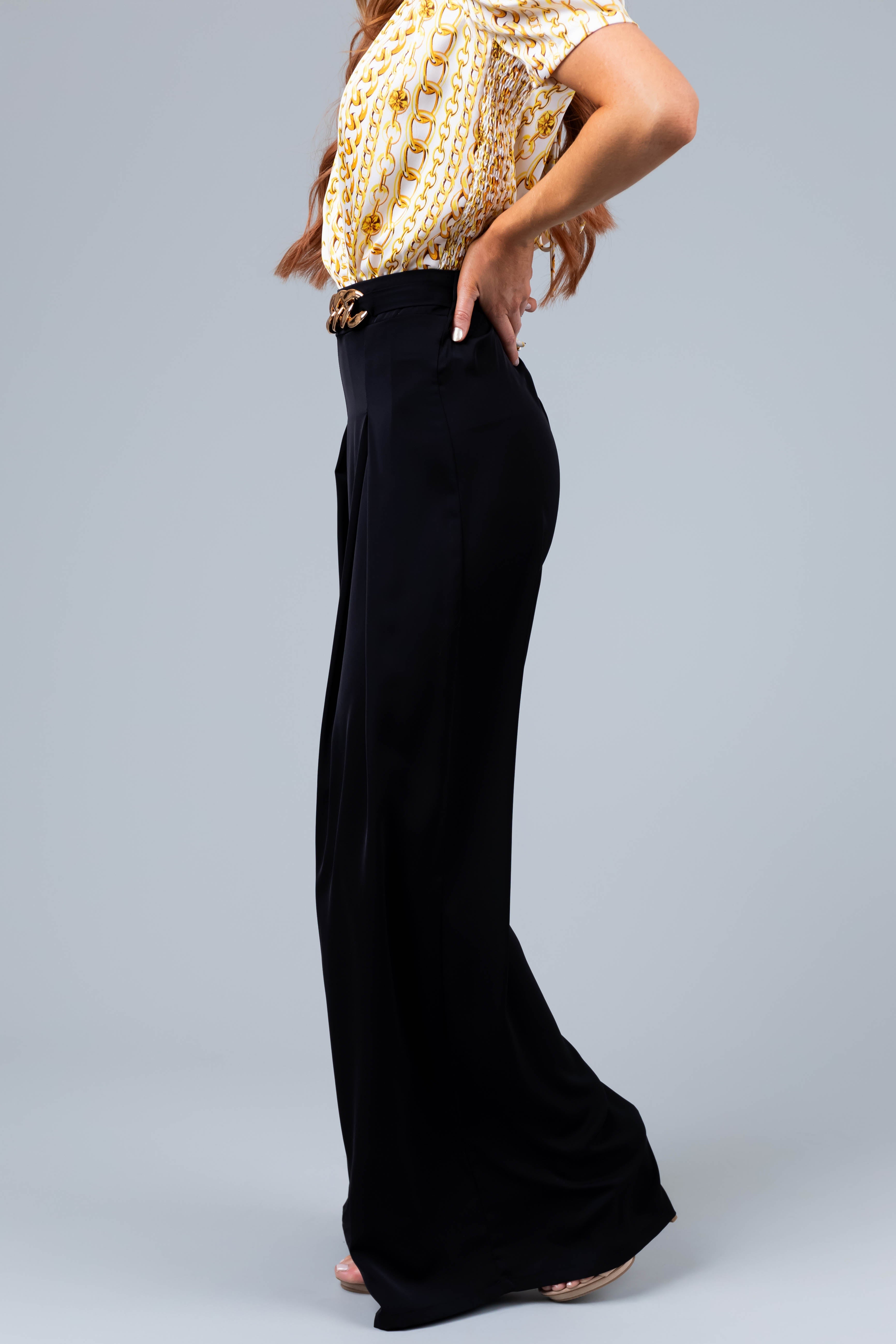 Black Flowy Wide Leg Pants with Gold Chain Waist Detail
