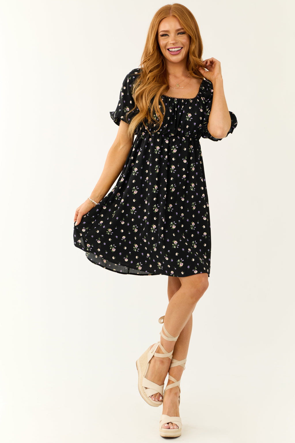 Black Floral Mini Dress with Back Cut-Out