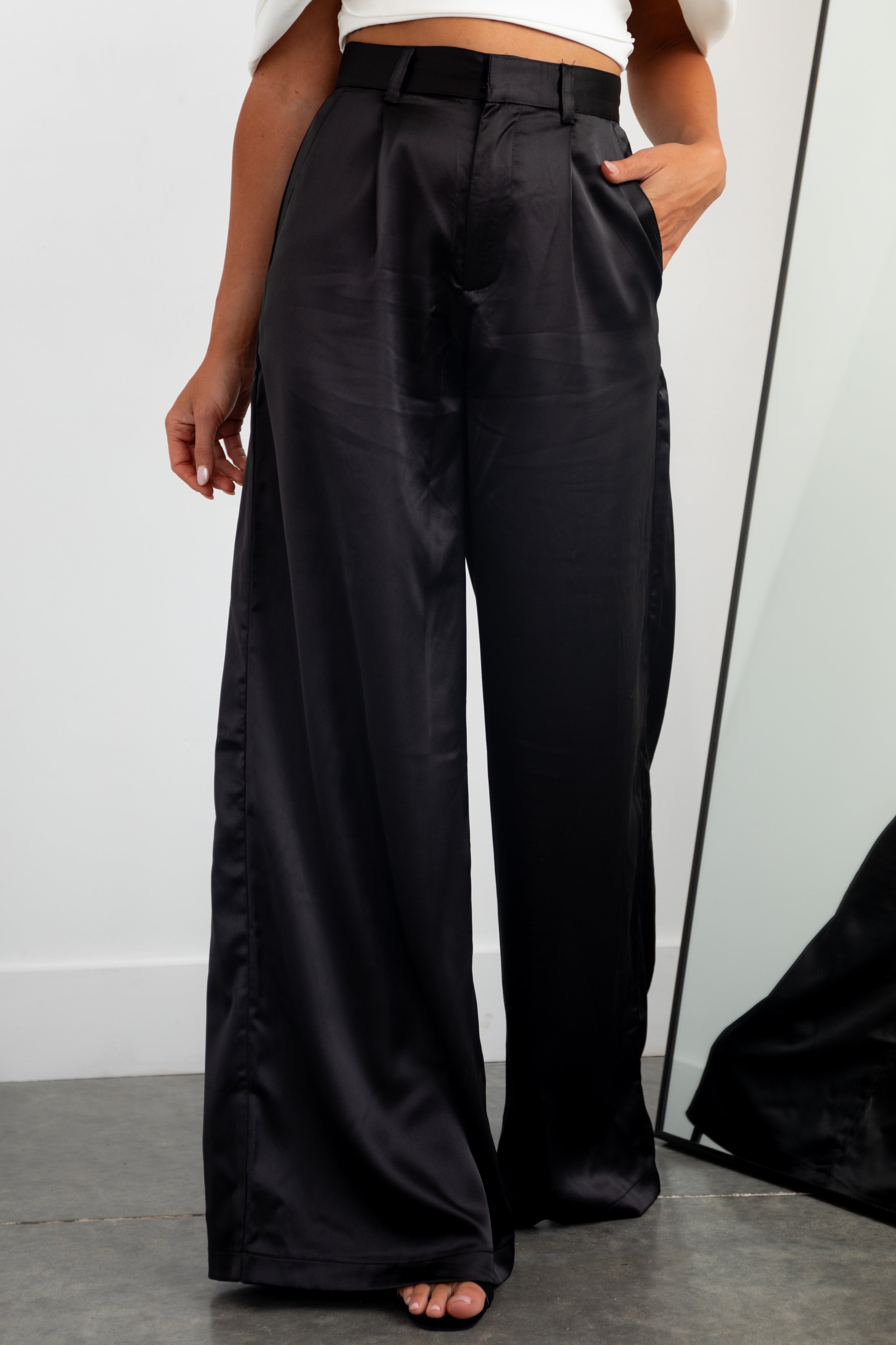 Black Wide Leg Satin Pants with High Rise