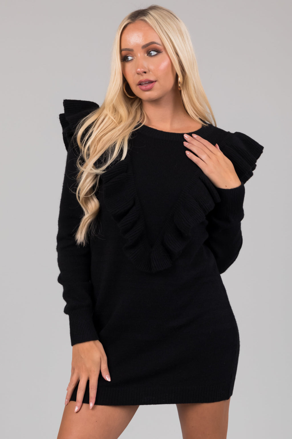 Black Sweater Mini Dress with Front Ruffle Detail