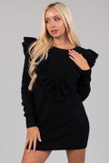 Black Sweater Mini Dress with Front Ruffle Detail