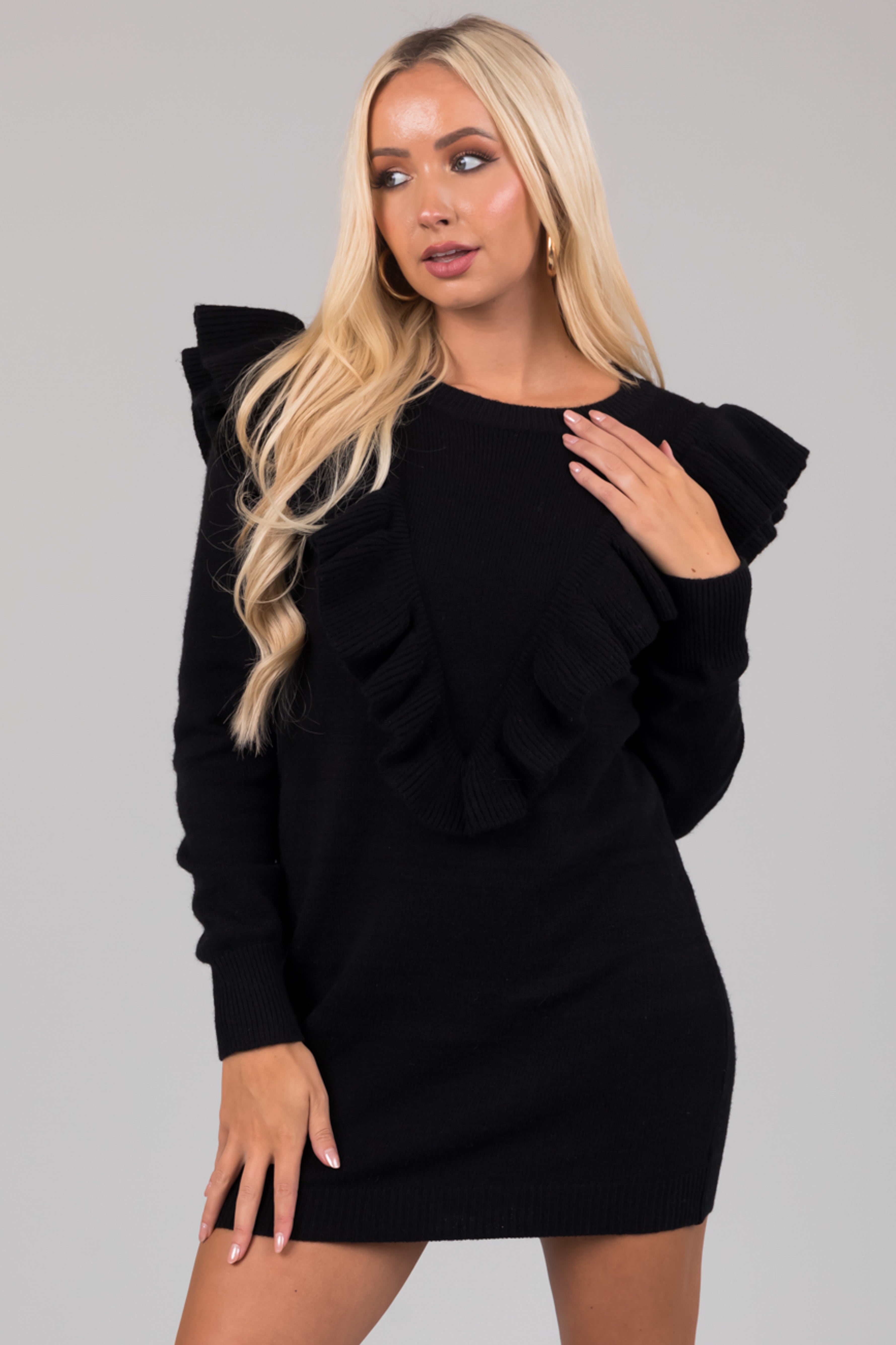 Black Sweater Mini Dress with Front Ruffle Detail
