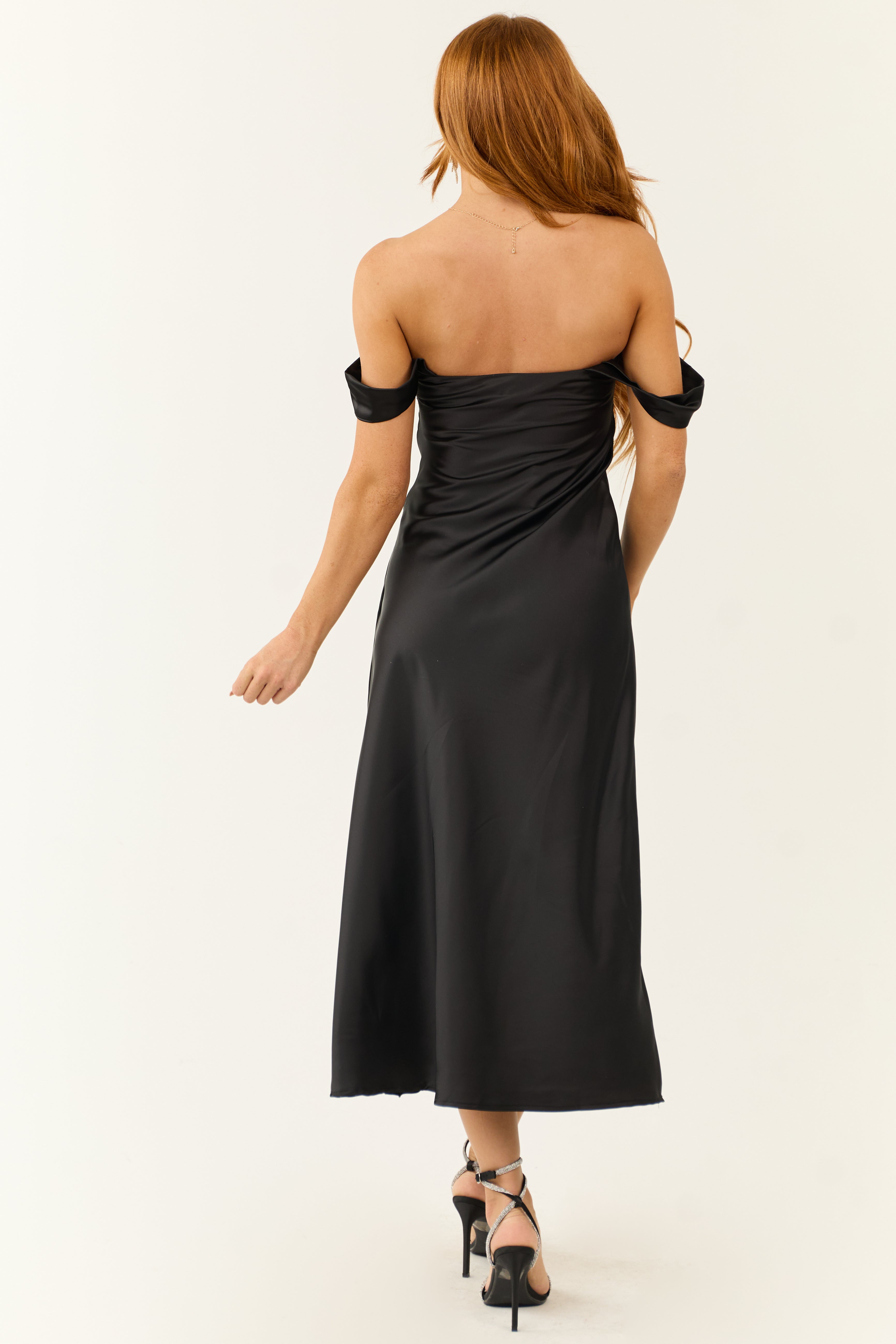 Black Satin Ruched Off-Shoulder Midi Dress