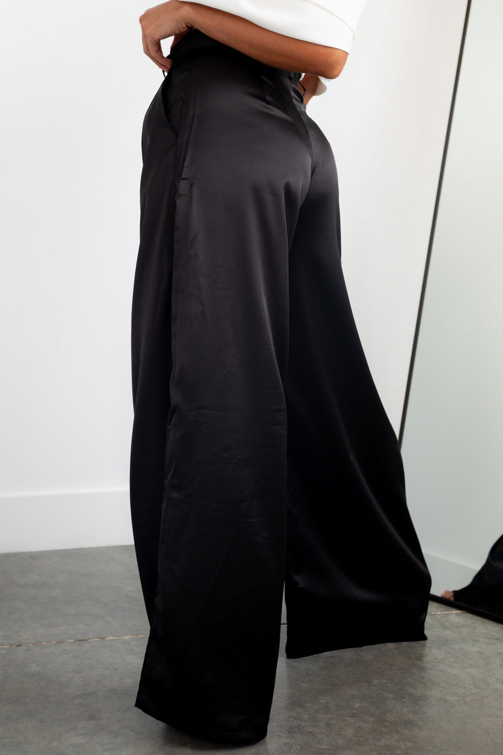 Black Wide Leg Satin Pants with High Rise
