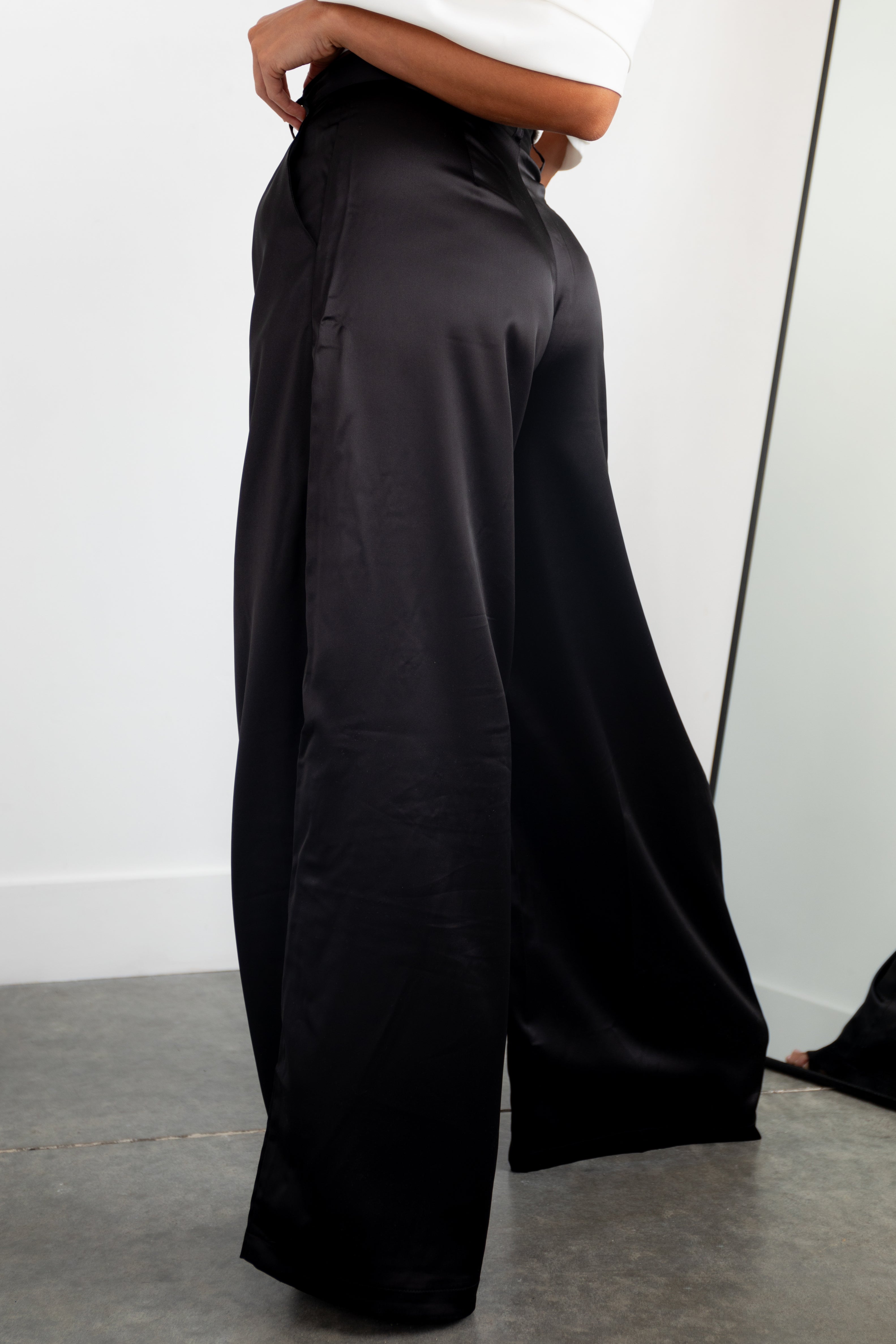 Black Wide Leg Satin Pants with High Rise