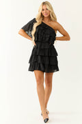 Black One Shoulder Ruffle Tiered Mini Dress